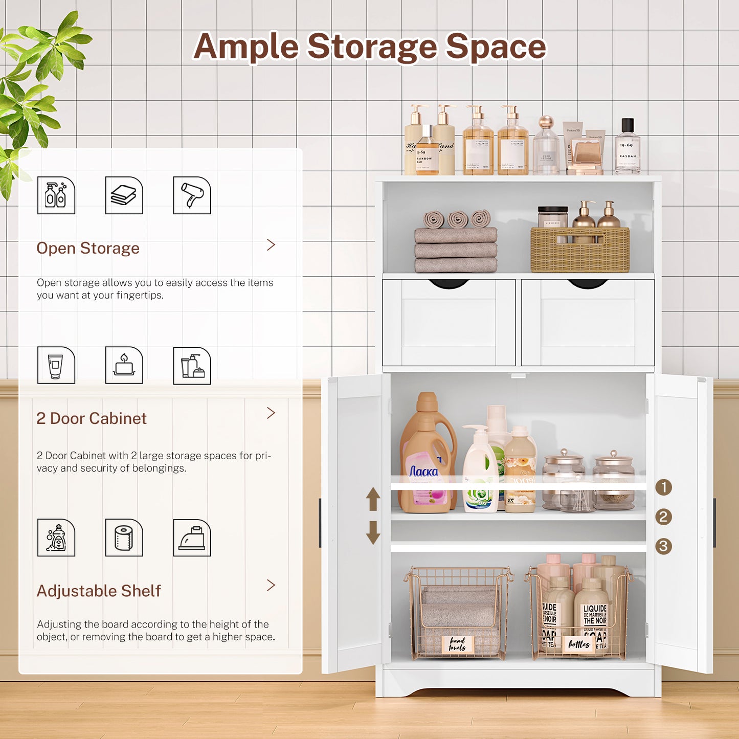 USIKEY Farmhouse Storage Cabinets, Kitchen Storage Cabinet with 2 Adjustable Drawers & Shelf, Floor Cabinet, for Living Room, Home Office, Kitchen