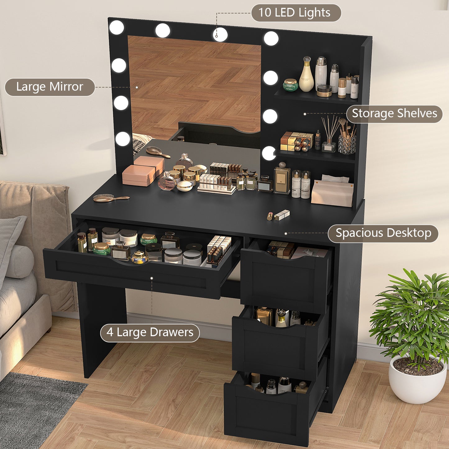 usikey Makeup Vanity Desk with Mirror and 10 LED Lights, Makeup Vanity Table with 4 Drawers, Vanity Desk Dressing Table with 2 Storage Shelves, 3 Color Modes Adjustable Brightness for Bedroom