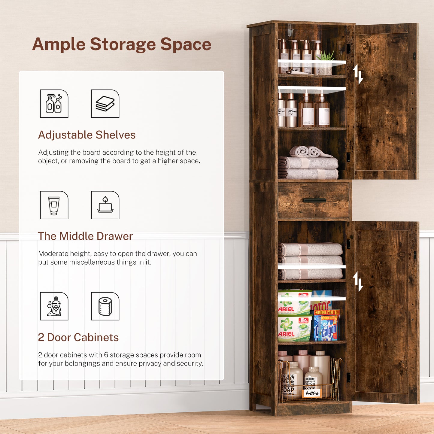 USIKEY 67.1" H Storage Cabinet, Tall Cabinet with 6 Shelves & Drawer, Slim Storage Cabinet with Adjustable Shelves for Living Room, Kitchen