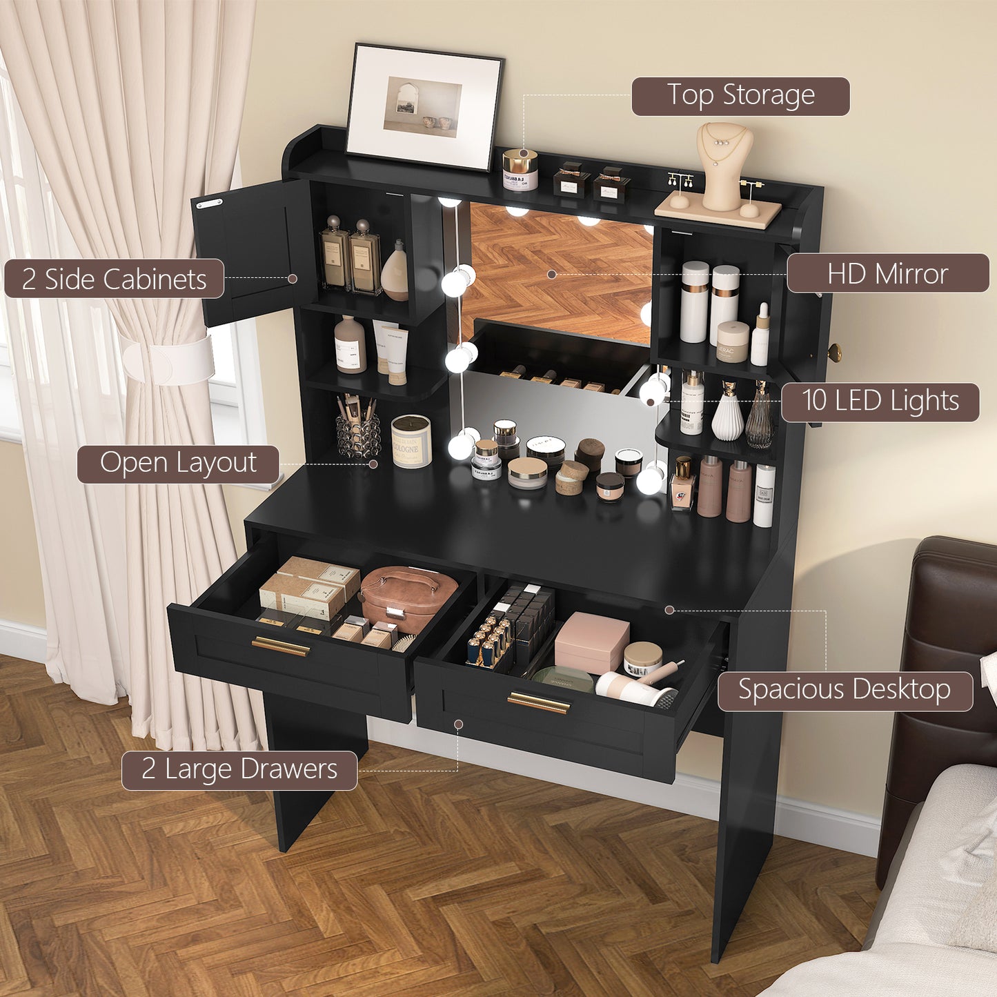 usikey Vanity Desk with Mirror and Lights, Makeup Vanity Table with 2 Drawers, 2 Cabinets & 2 Shelves, Vanity Desk, Vanity Table for Girls Women, Bedroom
