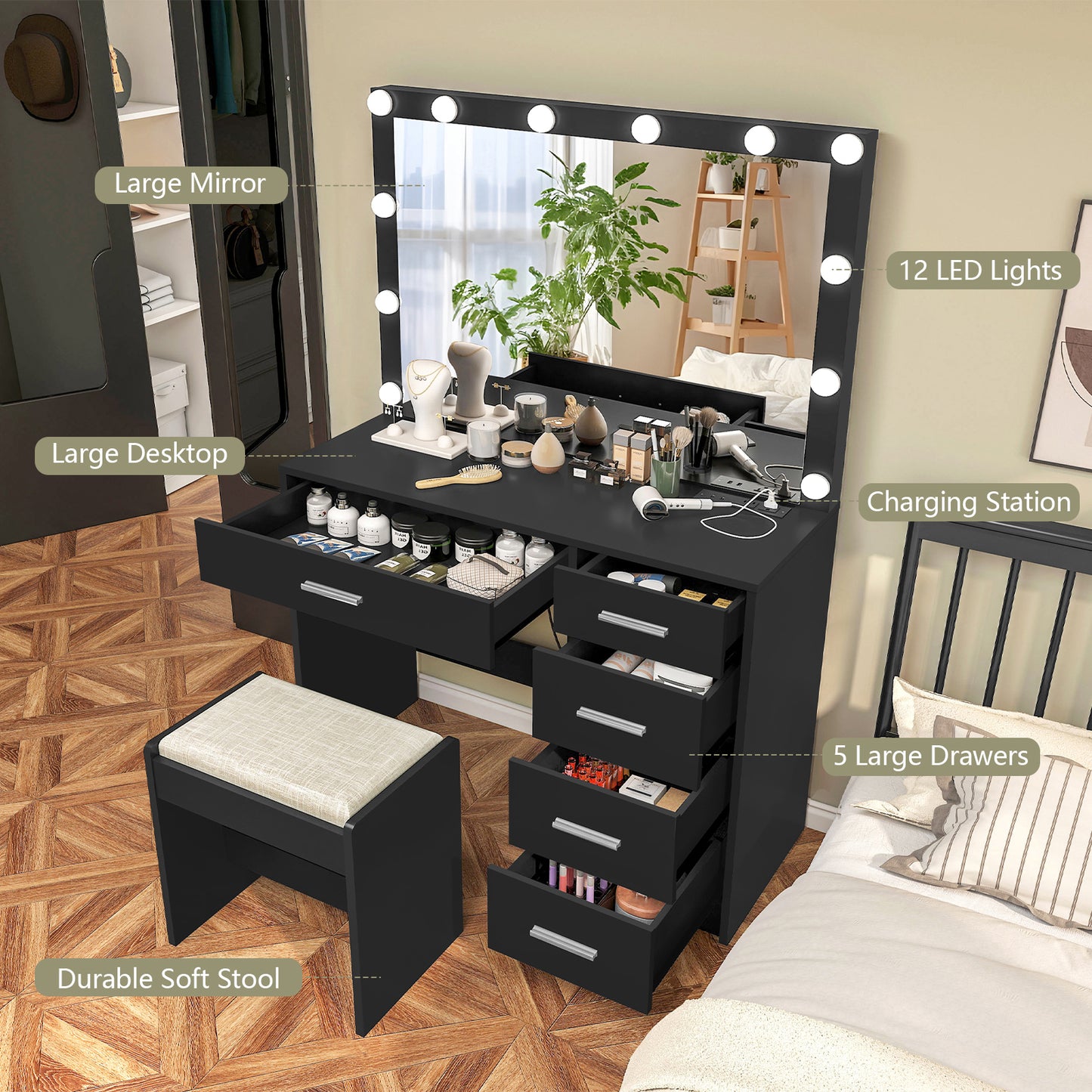 usikey Makeup Vanity with 12 Lights, Vanity Desk with Power Outlet, Makeup Vanity Table with 5 Drawers, Large Mirror, Dressing Vanity Table with Stool for Bedroom, Bathroom, White