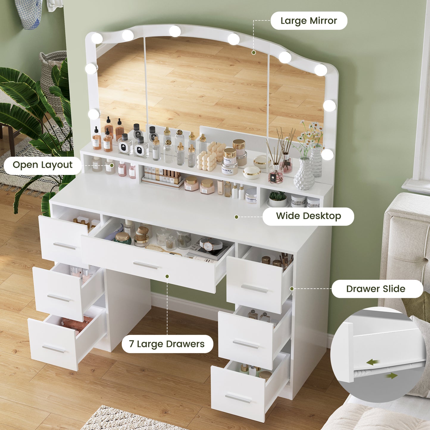 usikey 43.3" Vanity Desk with Large Lighted Mirror, Makeup Vanity Table with 7 Drawers & 10 Lights Bulbs, 3 Lighting Colors, Make Vanity Desk, Vanity Table for Women Girls