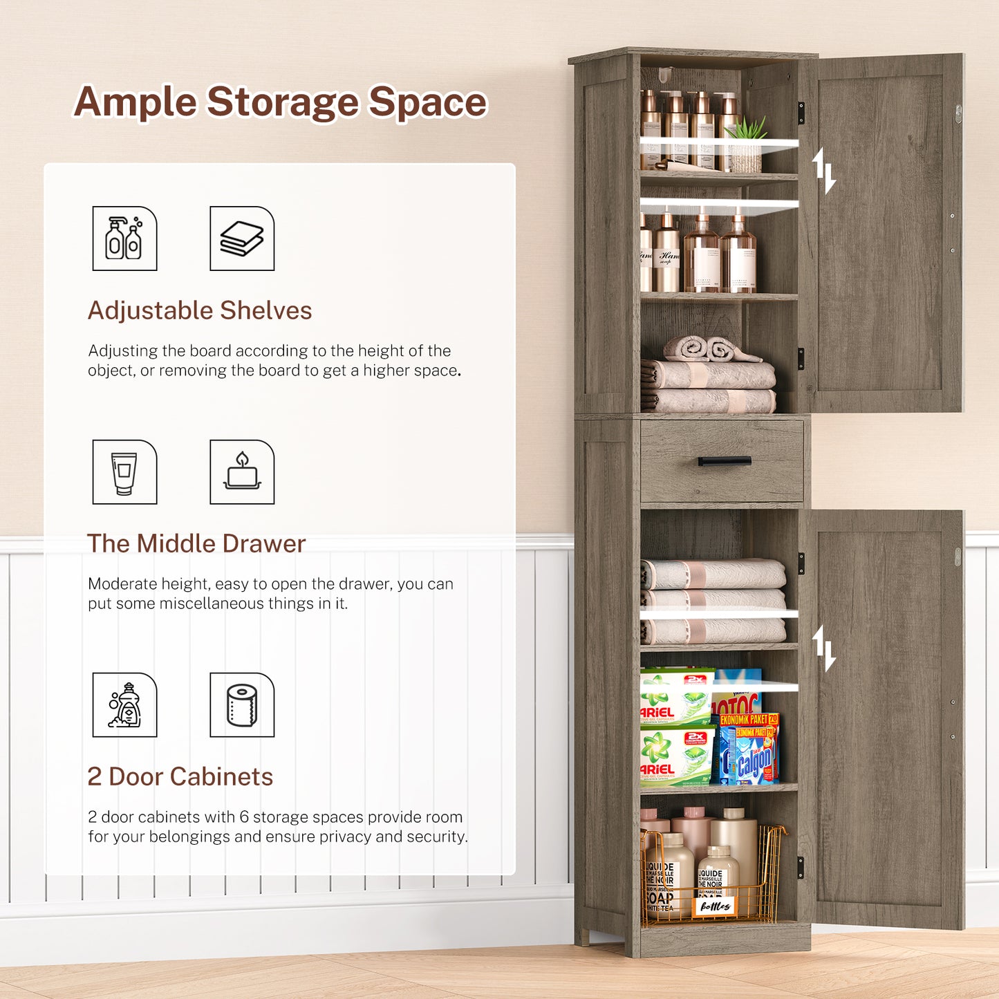 USIKEY 67.1" H Storage Cabinet, Tall Cabinet with 6 Shelves & Drawer, Slim Storage Cabinet with Adjustable Shelves for Living Room, Kitchen