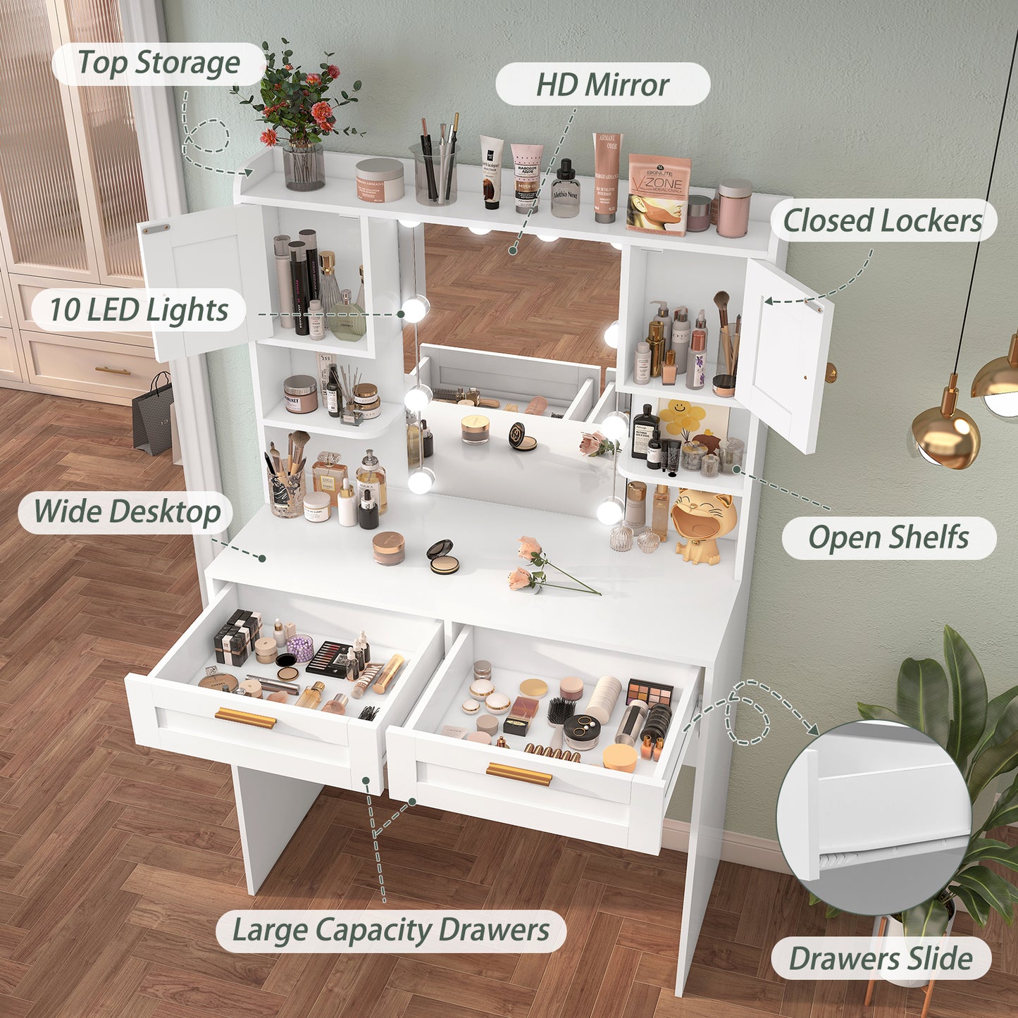 usikey Vanity Desk with Mirror and Lights, Makeup Vanity Table with 2 Drawers, 2 Cabinets & 2 Shelves, Vanity Desk, Vanity Table for Girls Women, Bedroom