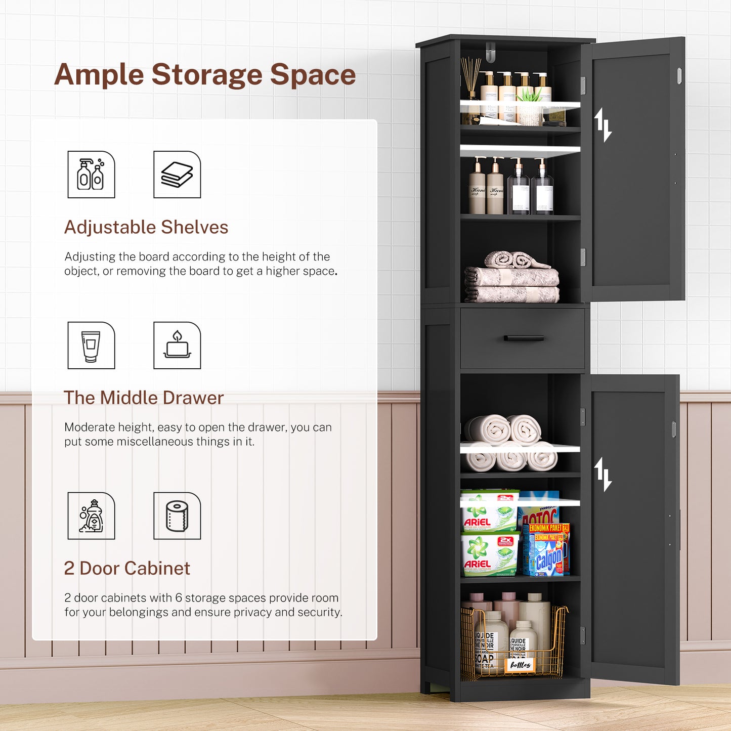 USIKEY 67.1" H Storage Cabinet, Tall Cabinet with 6 Shelves & Drawer, Slim Storage Cabinet with Adjustable Shelves for Living Room, Kitchen
