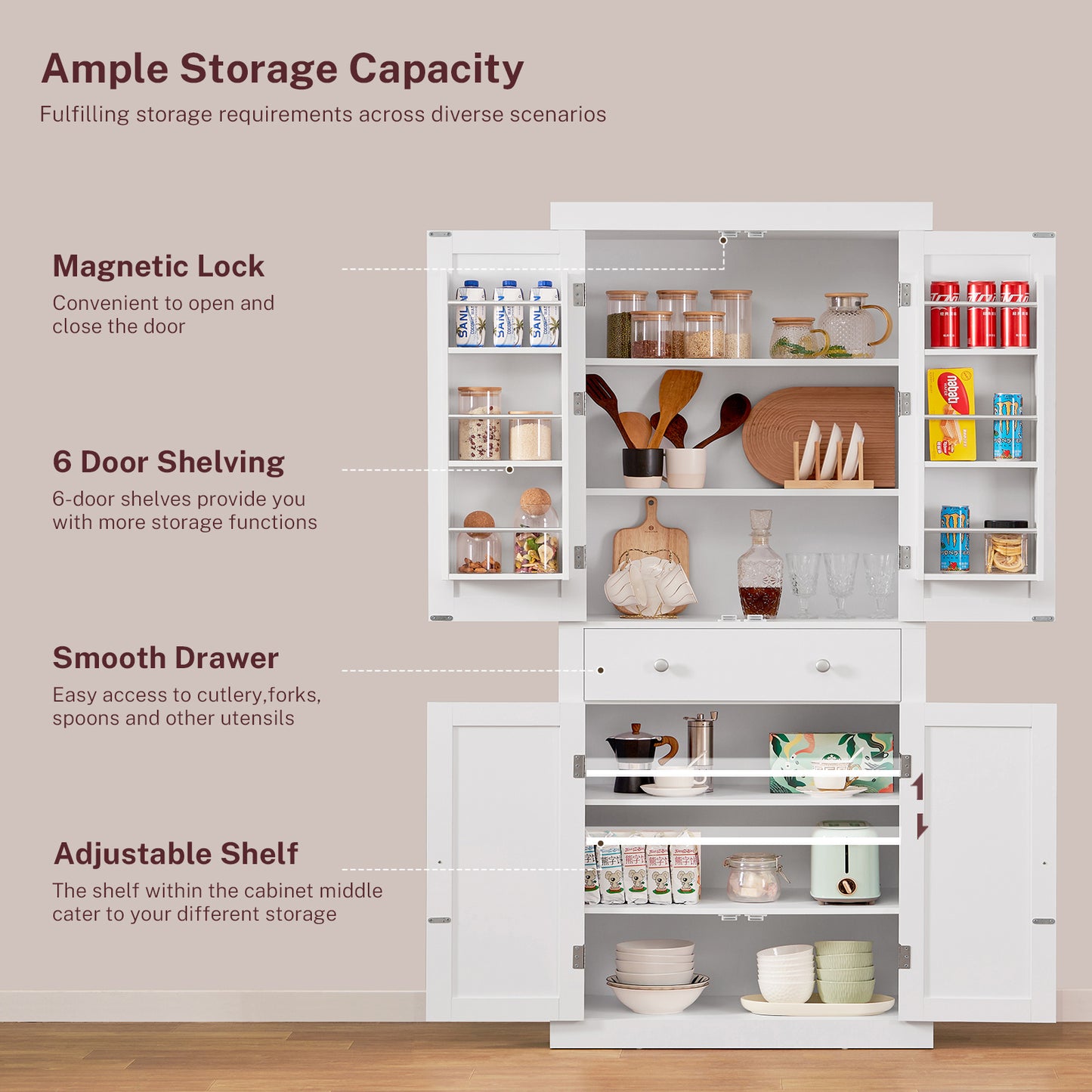 usikey 72?¡À Kitchen Pantry Cabinet, Tall Storage Cabinet with 4 Doors and 1 Drawer, Freestanding Cupboard with 6 Hanging Shelves and Adjustable Shelves for Kitchen, Dining Room,Living Room