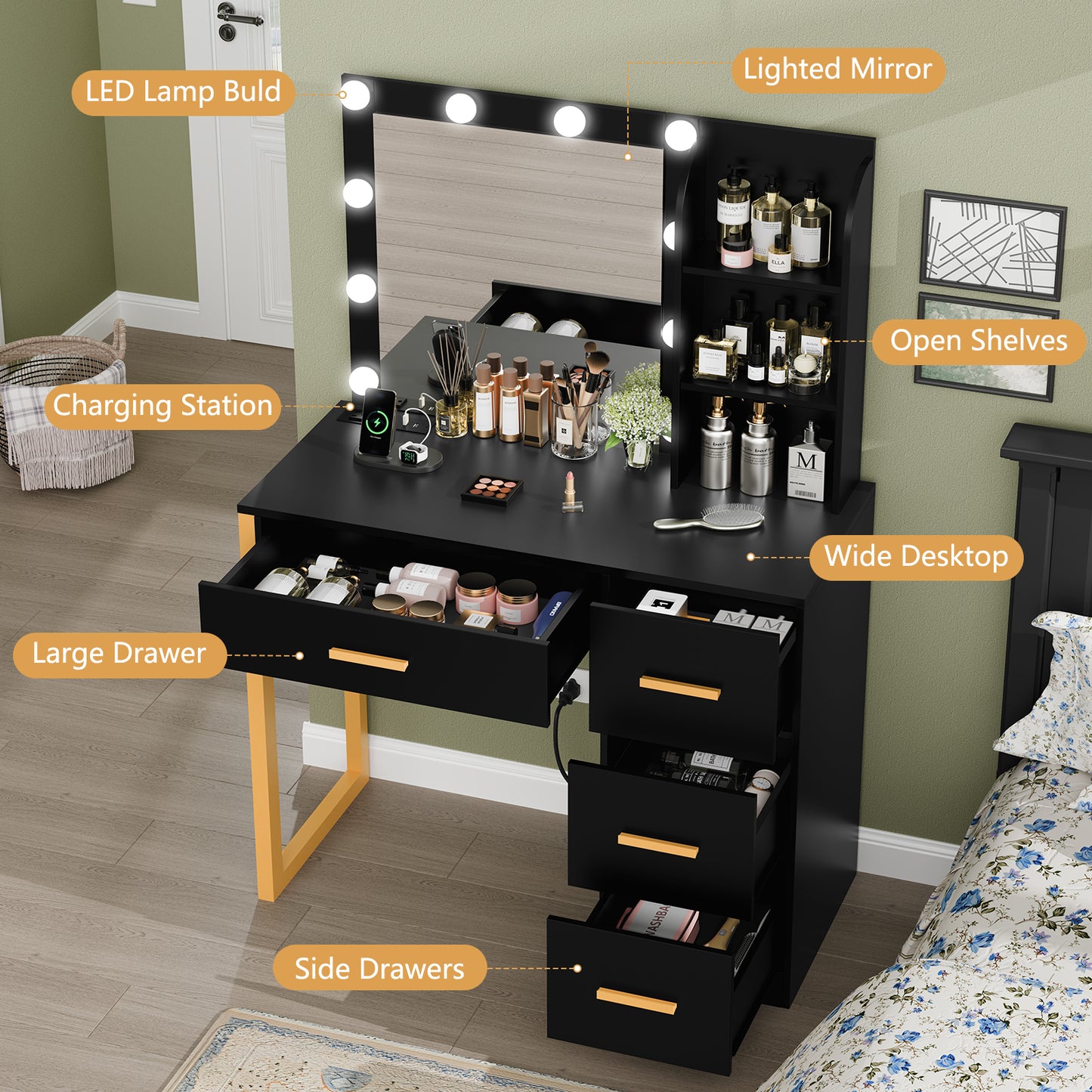 USIKEY Makeup Vanity Desk with Mirror & Lights, Vanity Desk with 4 Drawers & Power Outlet, Vanity Table with Open Storage Shelves for Bedroom
