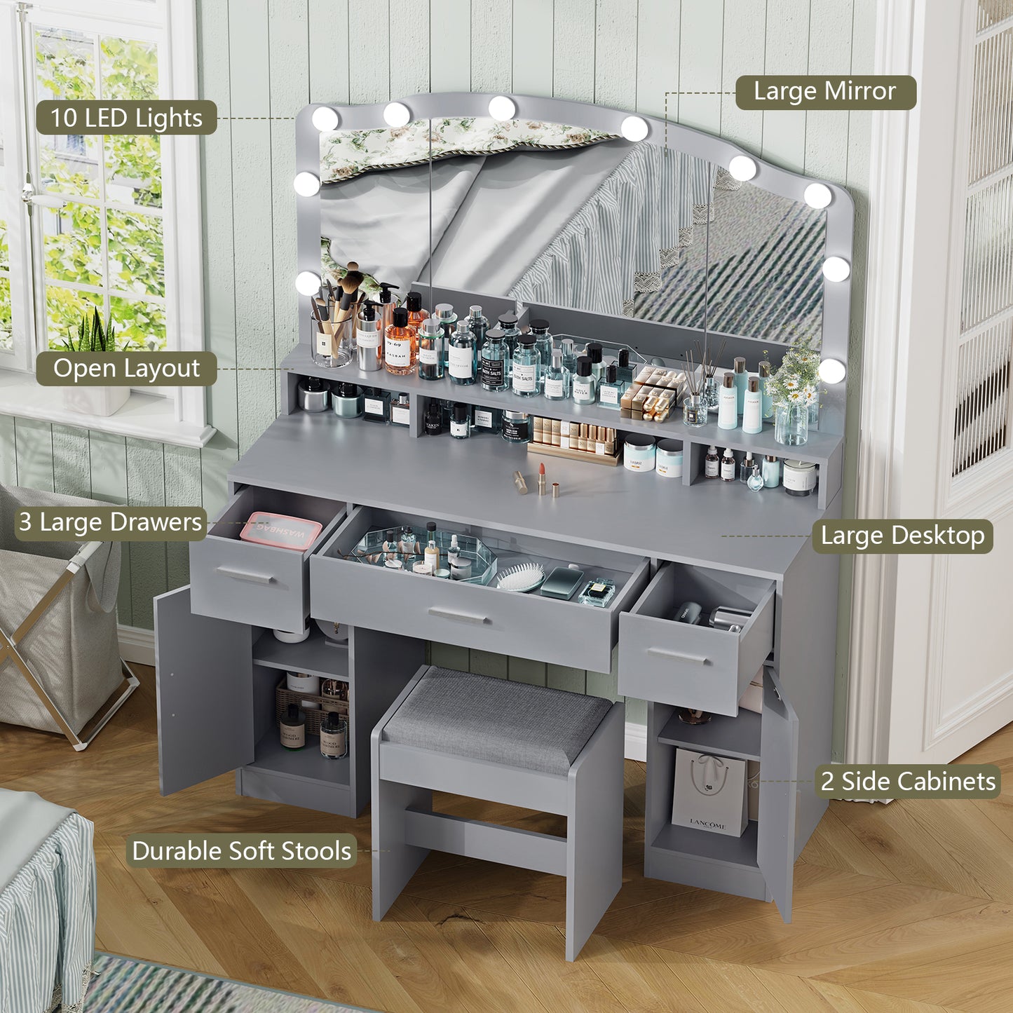 usikey Large Vanity Set with Large Lighted Mirror, Modern Makeup Vanity Table with 3 Drawers, 2 Storage Cabinets & 10 LED Bulbs, Dressing Table with Cushioned Stool for Women, Bedroom, Grey