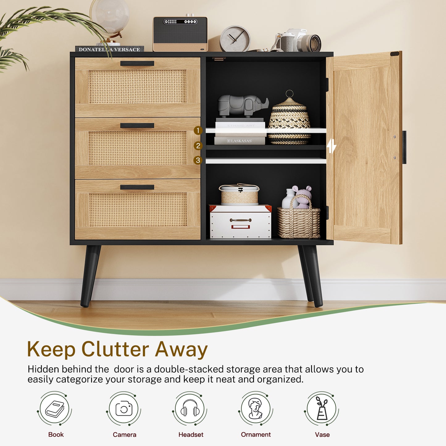 USIKEY Storage Cabinet with Rattan Door & 3 Drawers, Entryway Cabinet with Adjustable Shelf, Accent Cabinet for Living Room