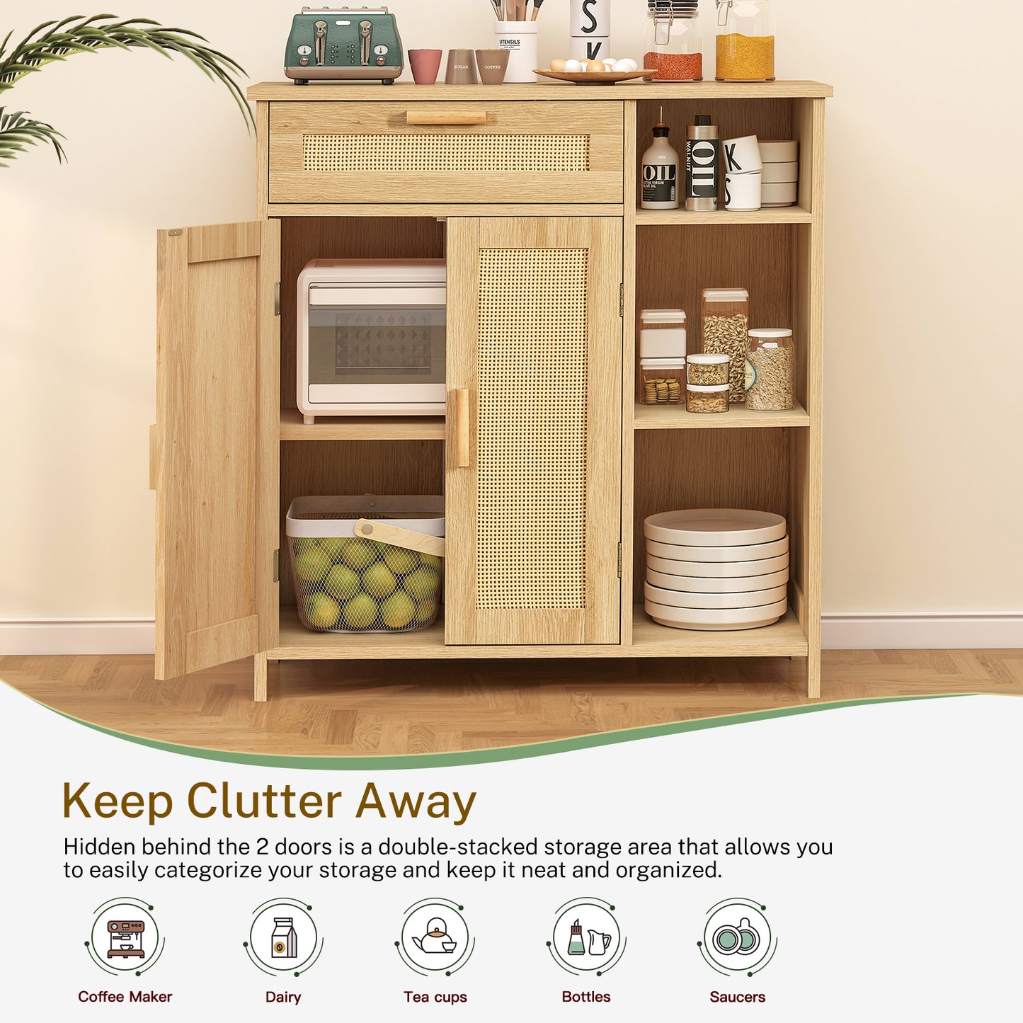 USIKEY Storage Cabinet, Floor Cabinet with Doors and Shelves, Coffee Bar Cabinet with Drawer, Organizer Cabinet for Living Room, Dining Room