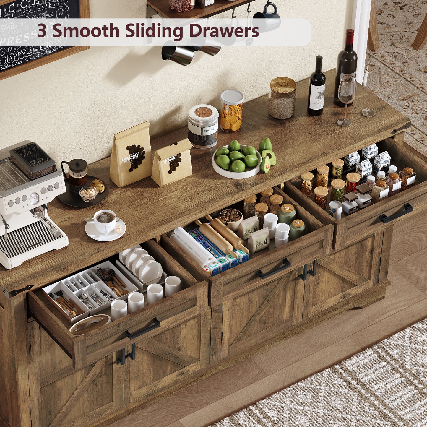 USIKEY Buffet Cabinet, 63” Large Sideboard Buffet Storage Cabinet with 3 Drawers, Farmhouse Coffee Bar with 4 Doors for Kitchen, Living Room