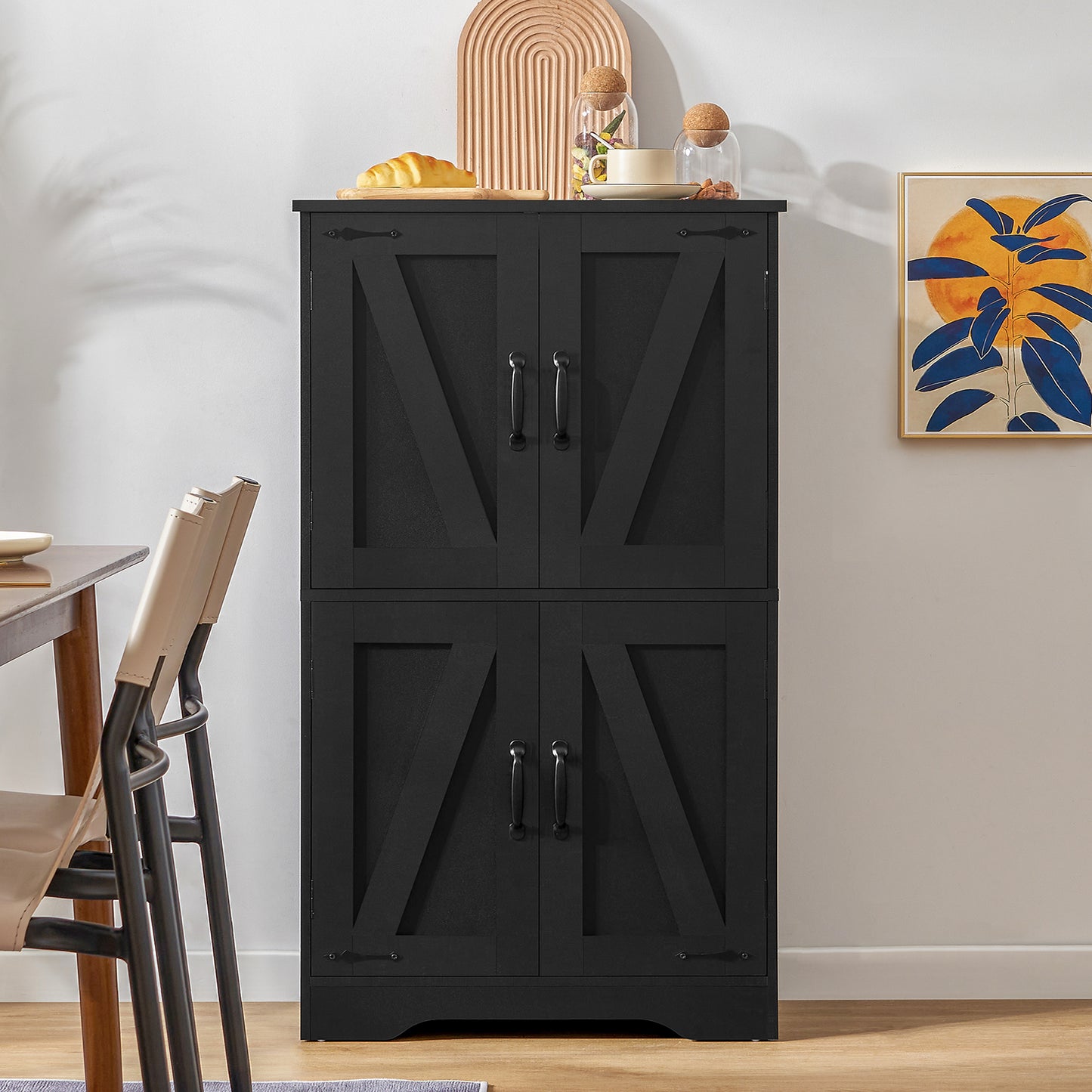 USIKEY Farmhouse Storage Cabinet with 2 Adjustable Shelves, Bathroom Cabinet with 4 Doors, Kitchen Cabinets, Cupboard for Kitchen, Living Room