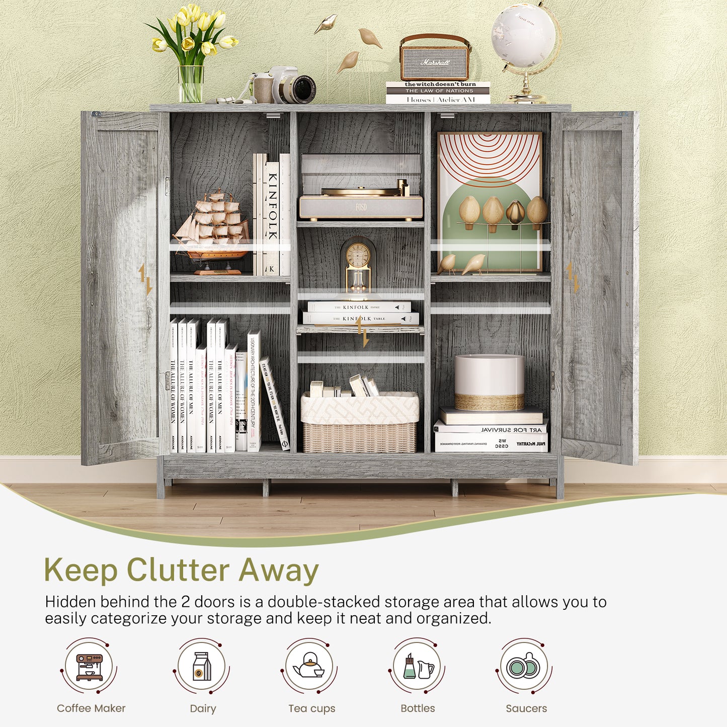 USIKEY Storage Cabinet with 2 Doors and 4 Adjustable Shelves, Buffet Cabinet with Storage, Floor Cabinet for Living Room, Entryway, Kitchen