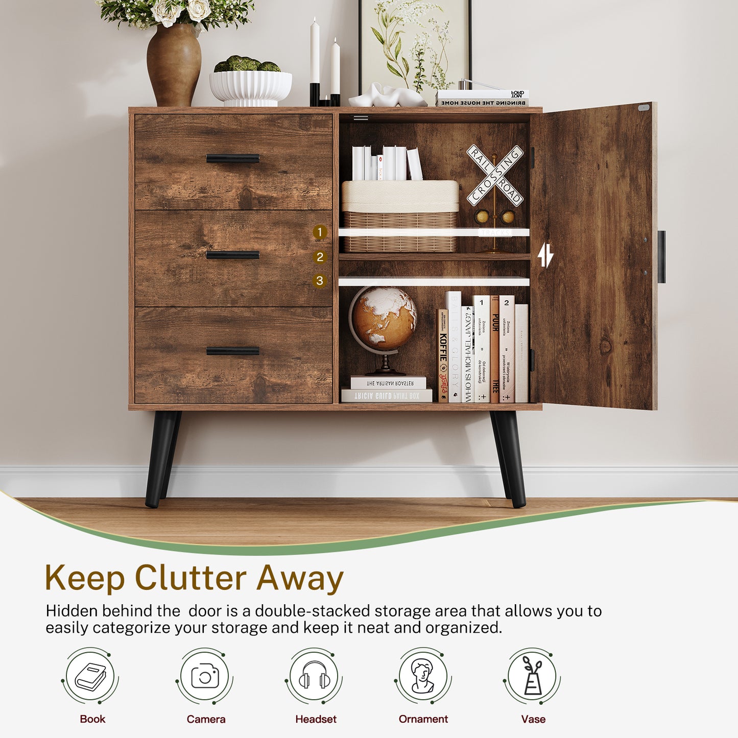 USIKEY Storage Cabinet with Rattan Door & 3 Drawers, Entryway Cabinet with Adjustable Shelf, Accent Cabinet for Living Room