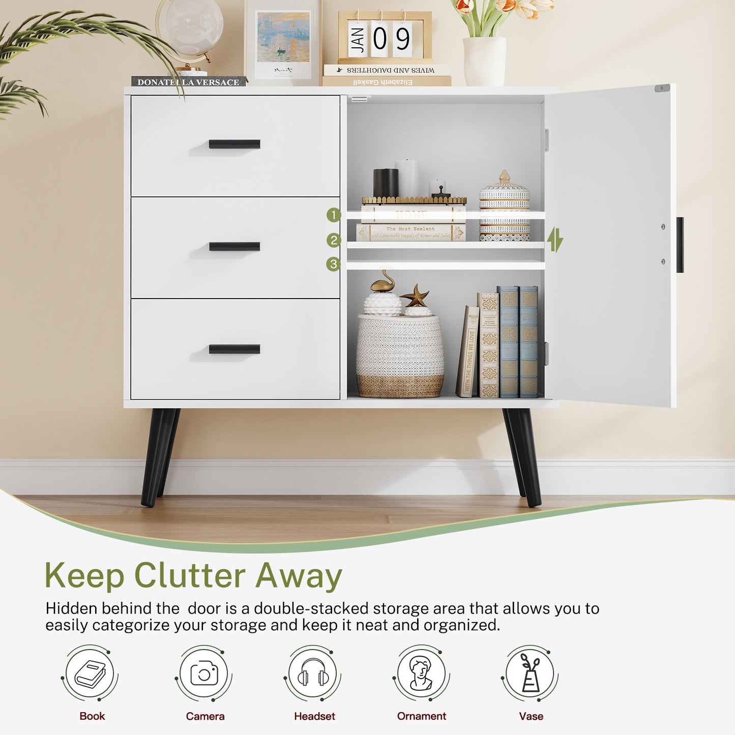 USIKEY Storage Cabinet with Rattan Door & 3 Drawers, Entryway Cabinet with Adjustable Shelf, Accent Cabinet for Living Room