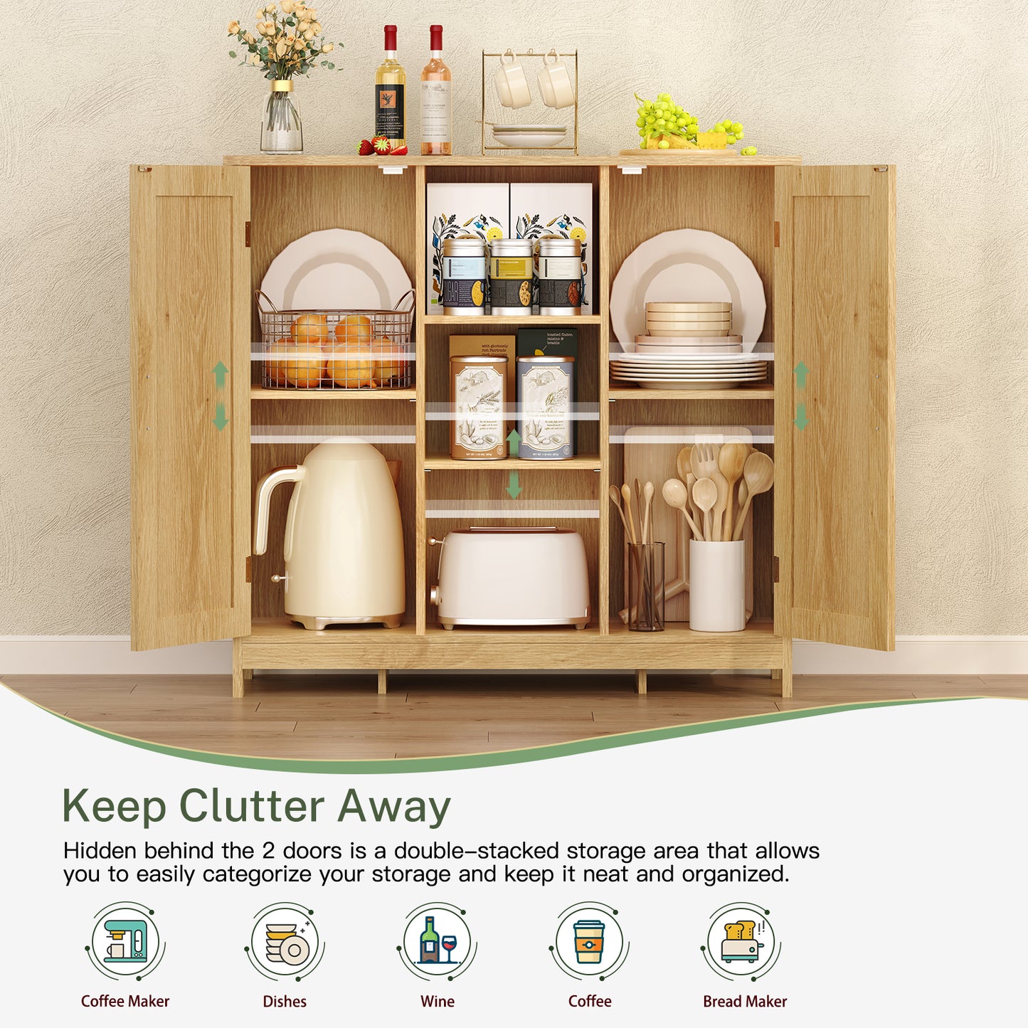 USIKEY Storage Cabinet with 2 Doors and 4 Adjustable Shelves, Buffet Cabinet with Storage, Floor Cabinet for Living Room, Entryway, Kitchen