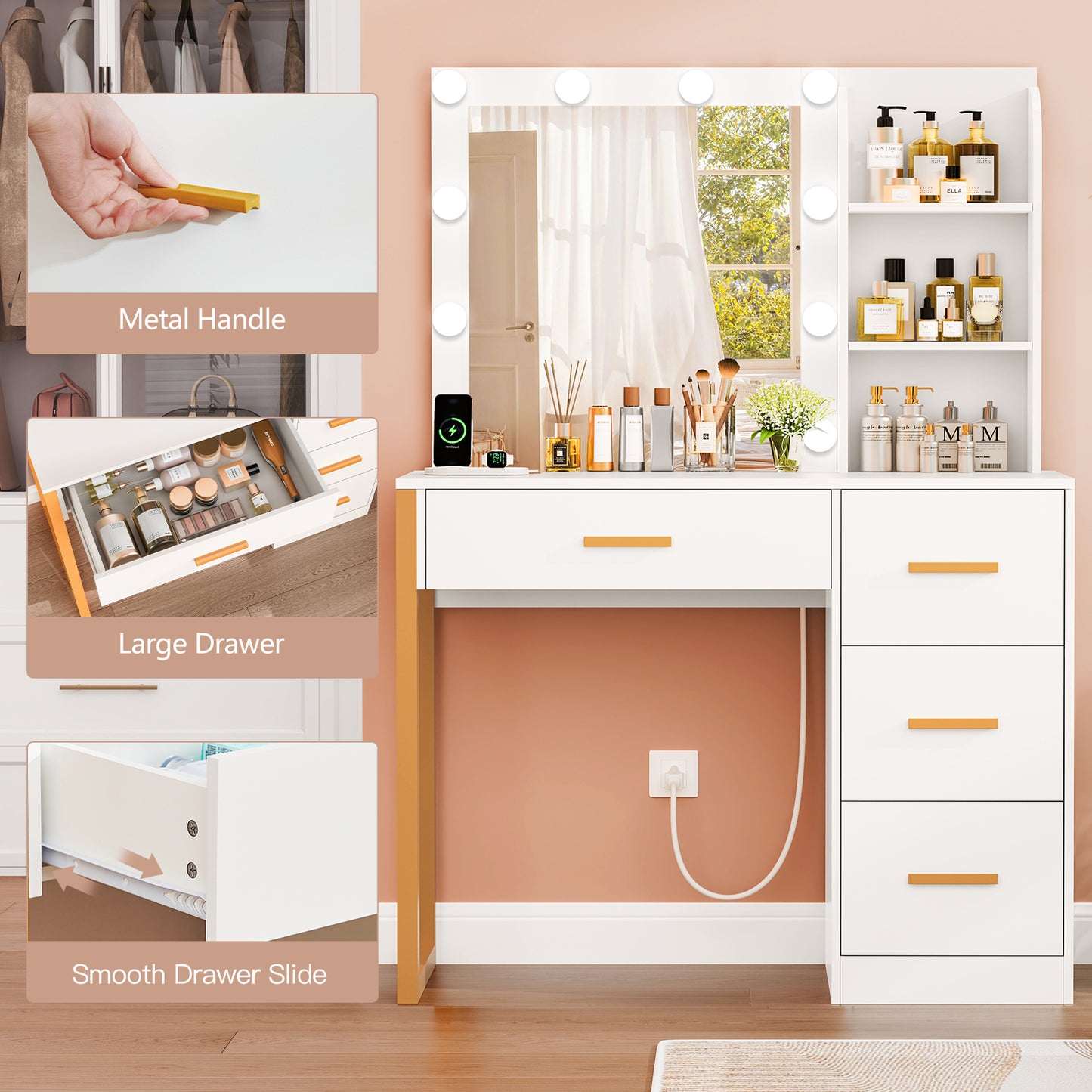 USIKEY Makeup Vanity Desk with Mirror & Lights, Vanity Desk with 4 Drawers & Power Outlet, Vanity Table with Open Storage Shelves for Bedroom