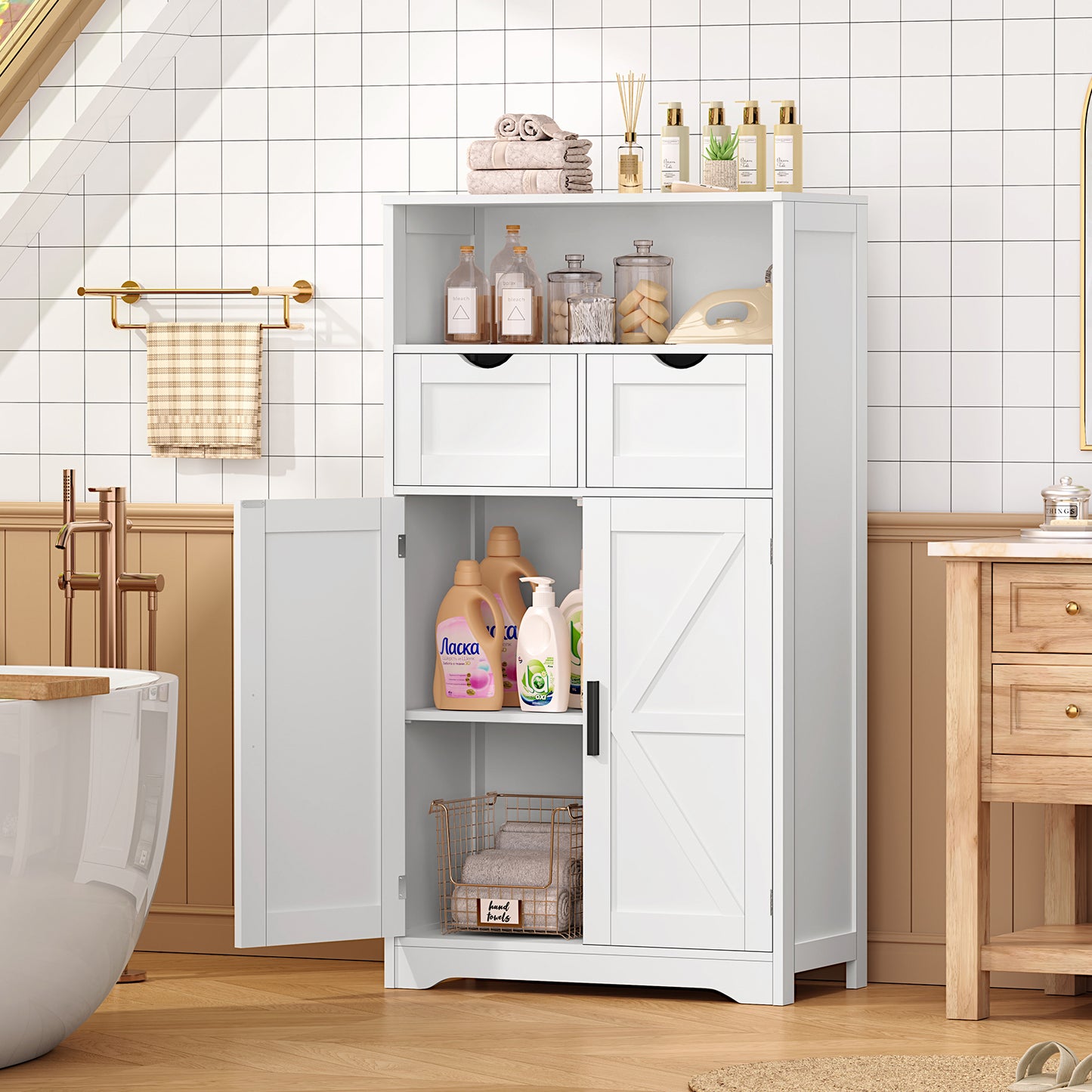 USIKEY Farmhouse Storage Cabinets, Kitchen Storage Cabinet with 2 Adjustable Drawers & Shelf, Floor Cabinet, for Living Room, Home Office, Kitchen
