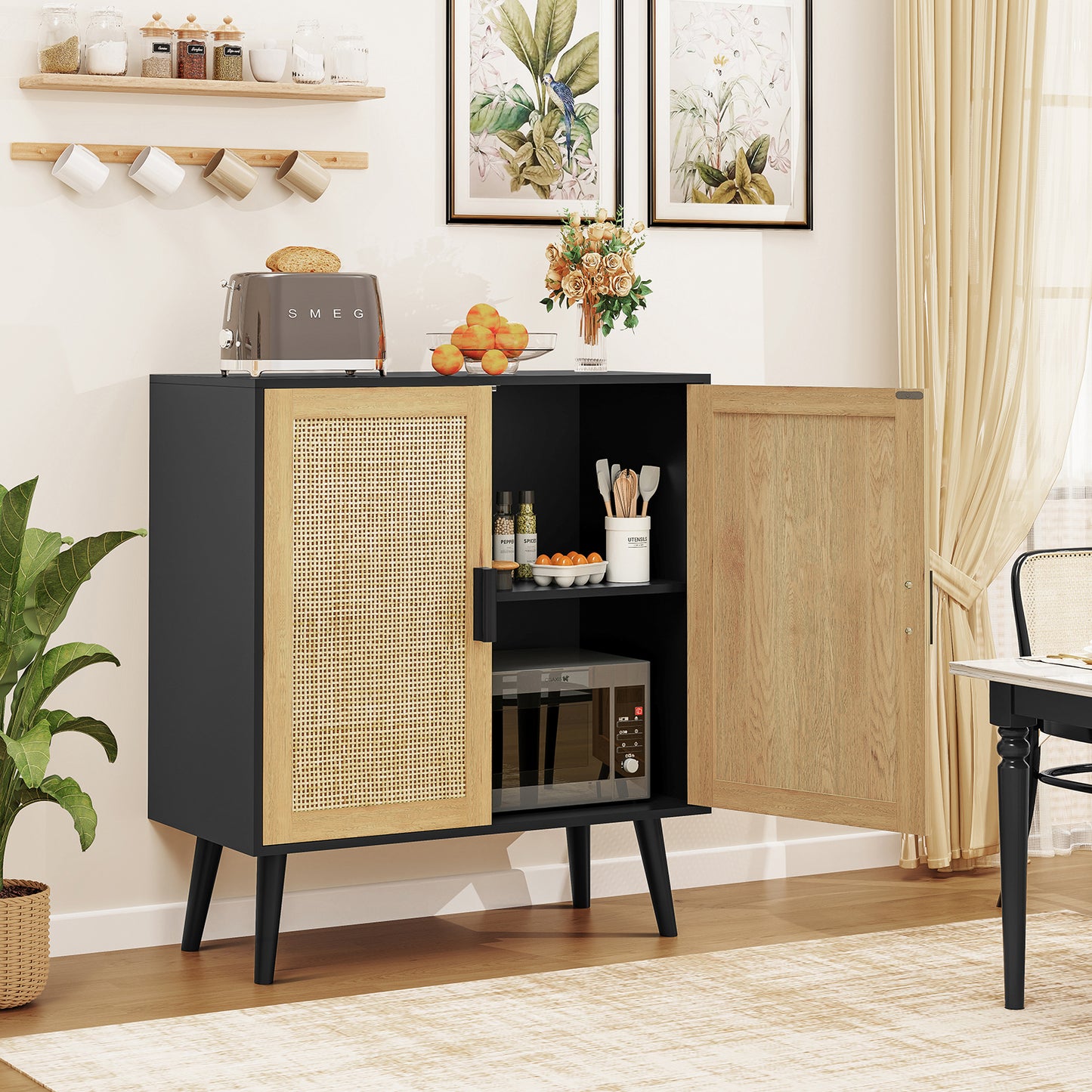 USIKEY Rattan Storage Cabinet with Adjustable Shelf & Doors, Accent Cabinet for Living Room, Dining Room, Entryway, Natural + Black