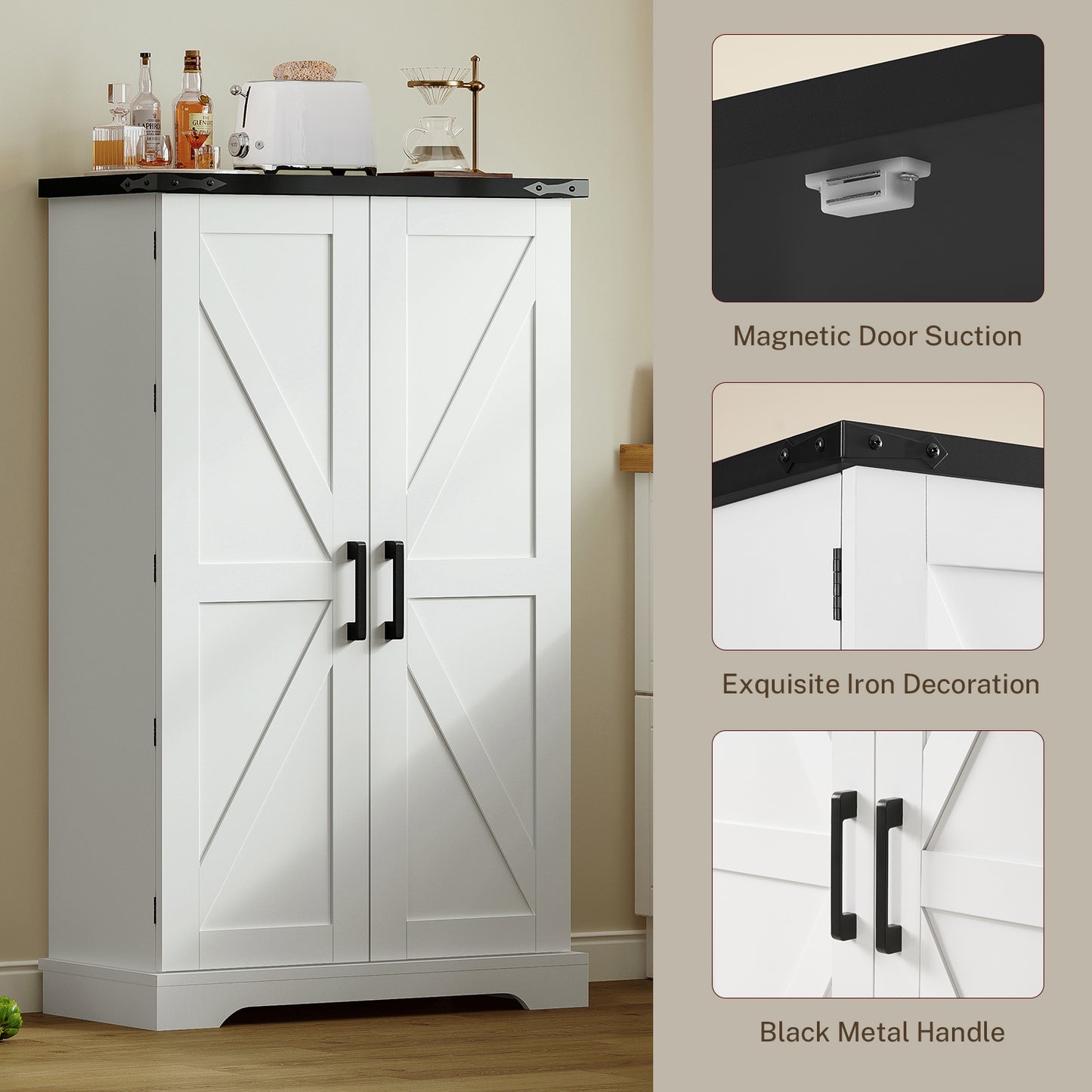 USIKEY Farmhouse Pantry Cabinet, Kitchen Cabinet, Storage Cabinet with Barn Doors, Kitchen Pantry Cabinet with 2 Adjustable Shelves, Tall Cabinet for Kitchen, Dining Room, White
