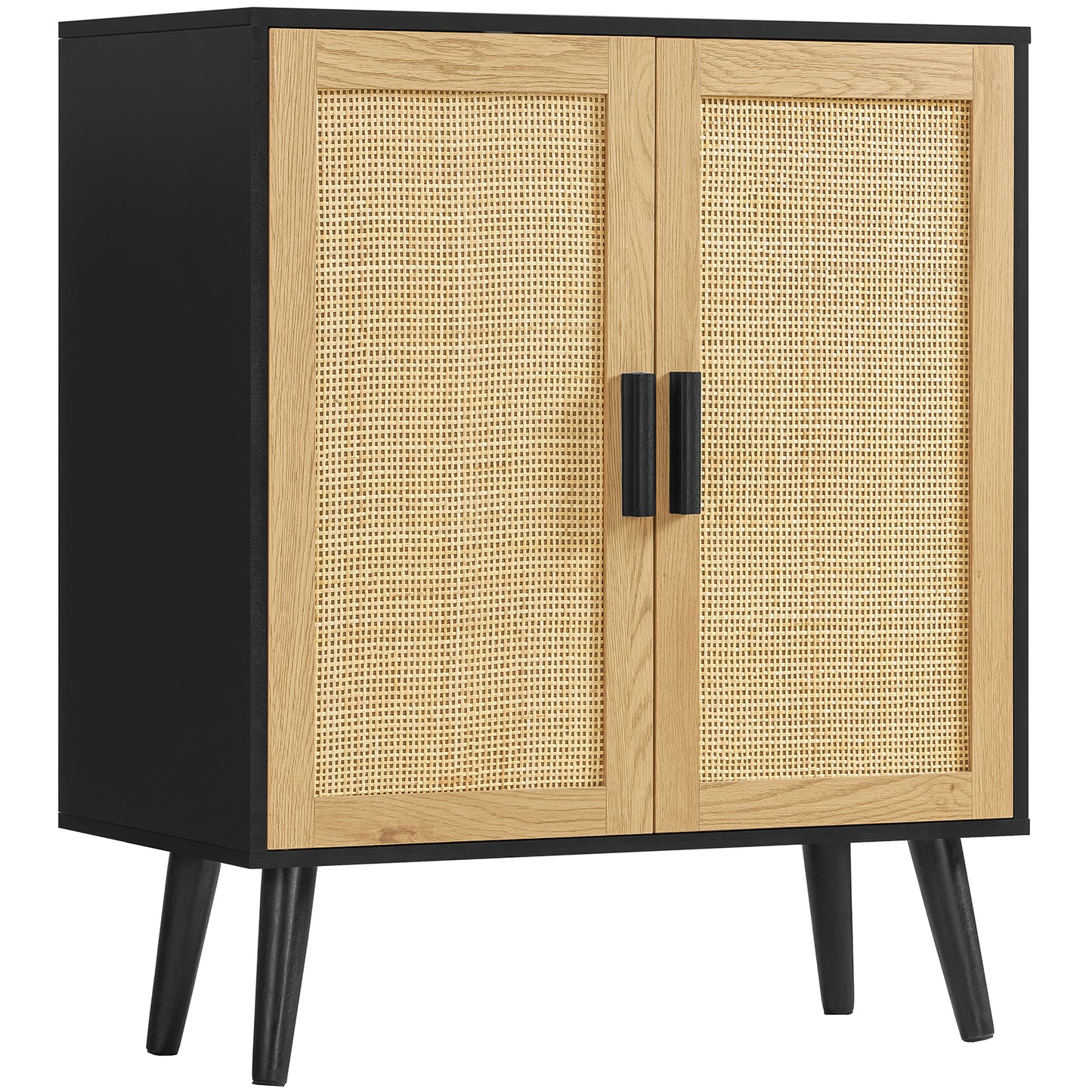USIKEY Rattan Storage Cabinet with Adjustable Shelf & Doors, Accent Cabinet for Living Room, Dining Room, Entryway, Natural + Black
