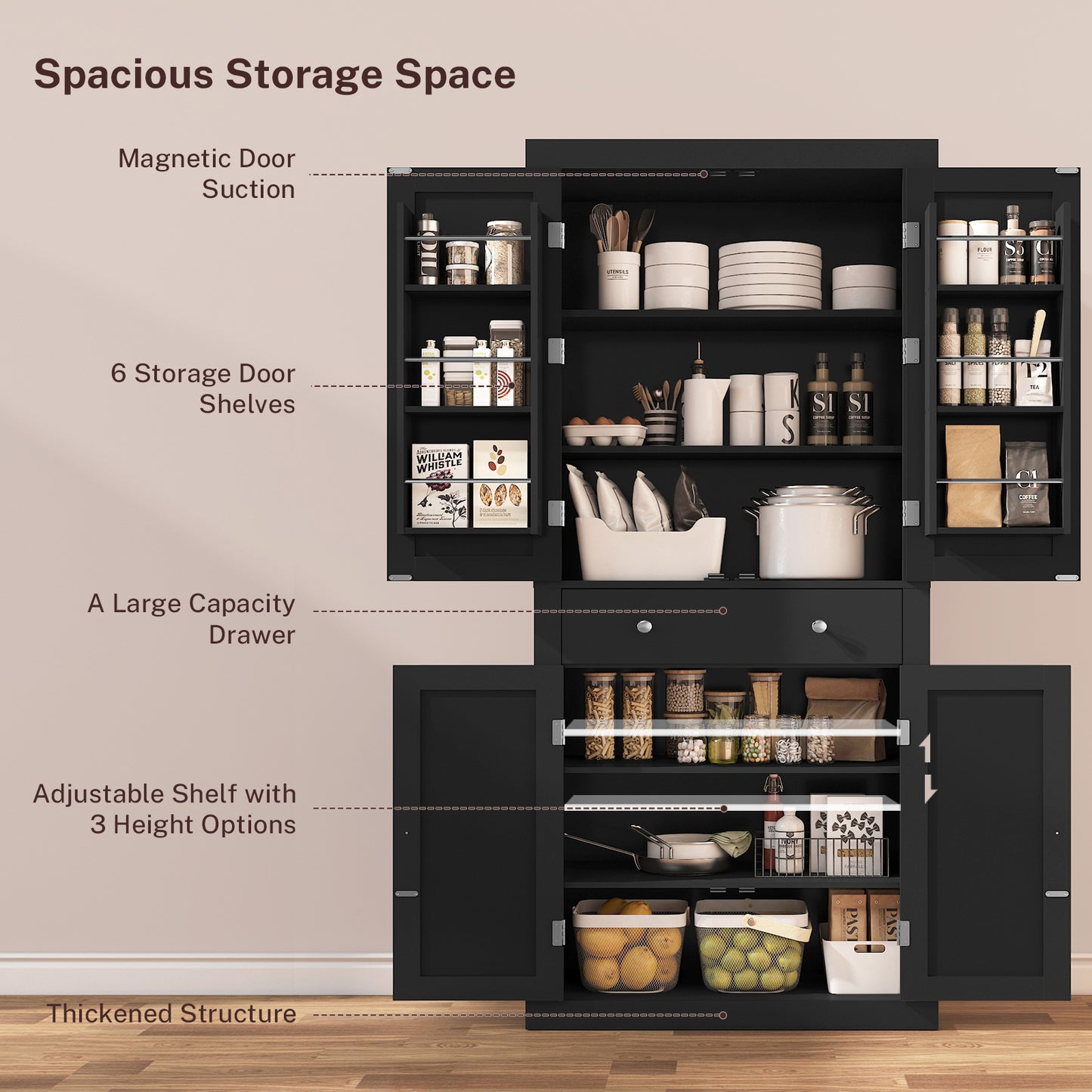usikey 72?¡À Kitchen Pantry Cabinet, Tall Storage Cabinet with 4 Doors and 1 Drawer, Freestanding Cupboard with 6 Hanging Shelves and Adjustable Shelves for Kitchen, Dining Room,Living Room