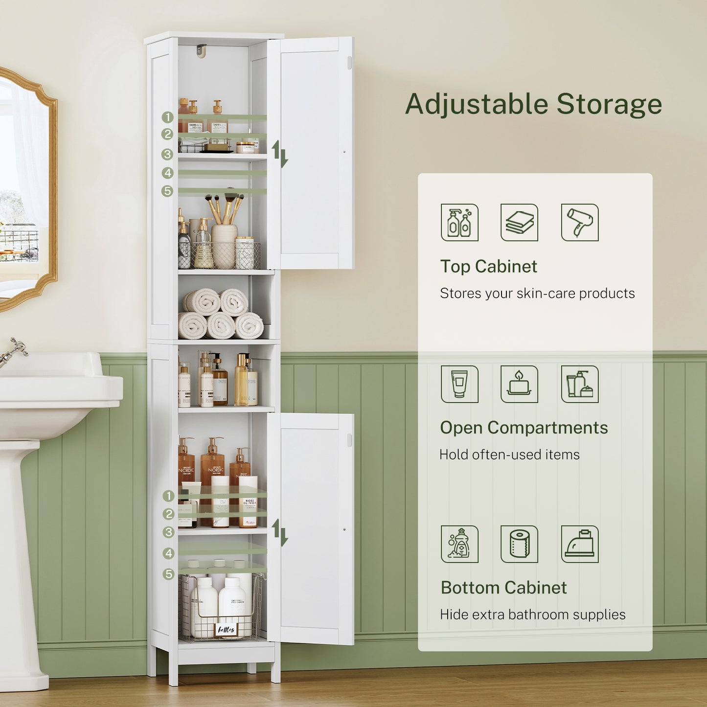 USIKEY 67" Tall Bathroom Cabinet with Adjustable Shelves and Doors, Narrow Bathroom Storage Cabinet for Small Space