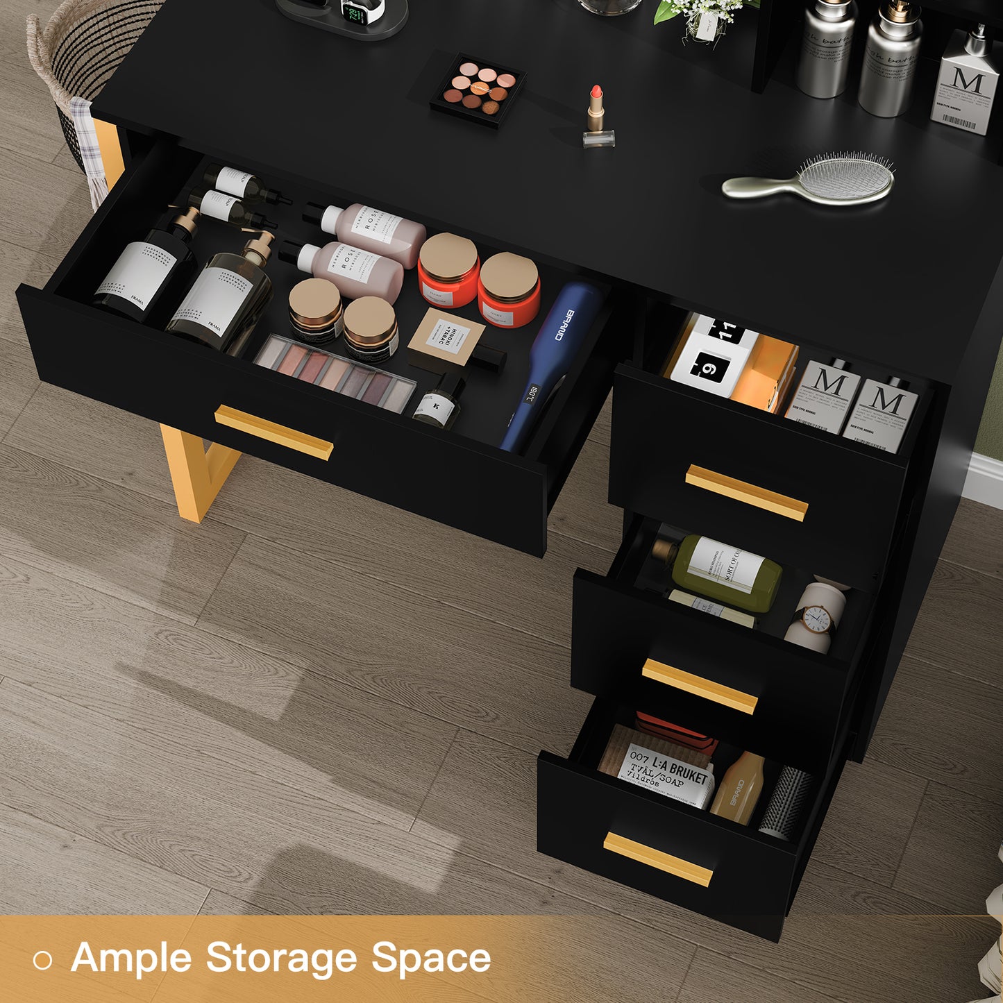 USIKEY Makeup Vanity Desk with Mirror & Lights, Vanity Desk with 4 Drawers & Power Outlet, Vanity Table with Open Storage Shelves for Bedroom
