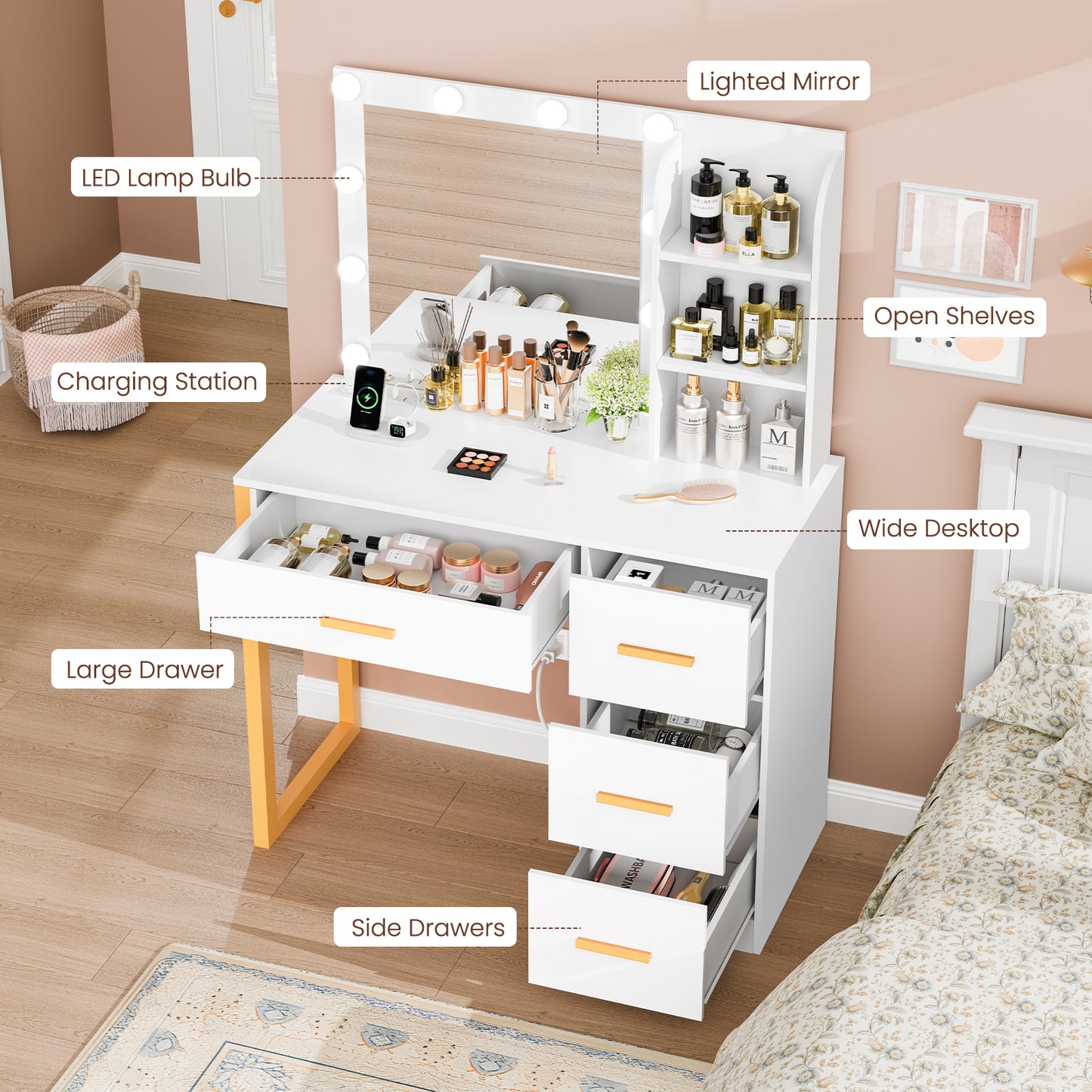 USIKEY Makeup Vanity Desk with Mirror & Lights, Vanity Desk with 4 Drawers & Power Outlet, Vanity Table with Open Storage Shelves for Bedroom