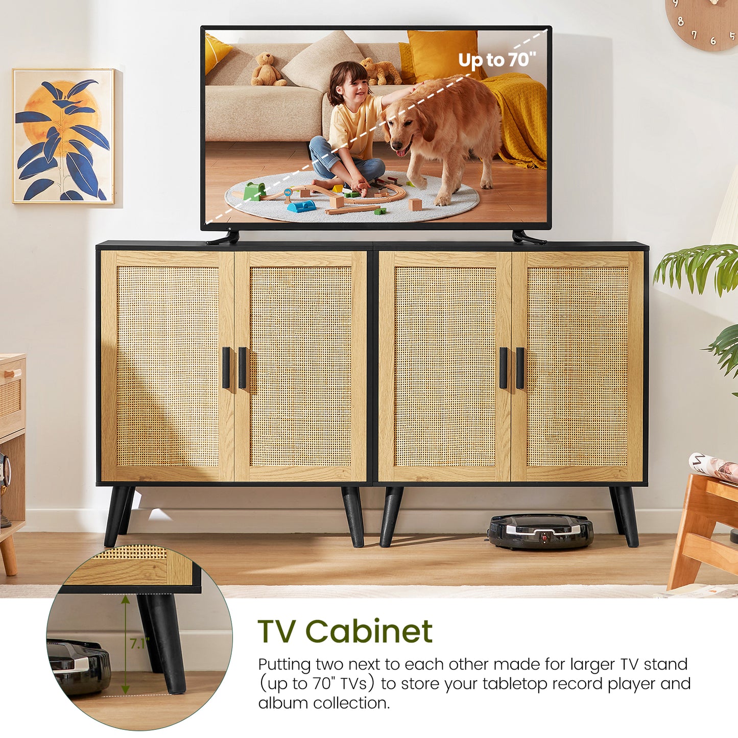 USIKEY Rattan Storage Cabinet with Adjustable Shelf & Doors, Accent Cabinet for Living Room, Dining Room, Entryway, Natural + Black