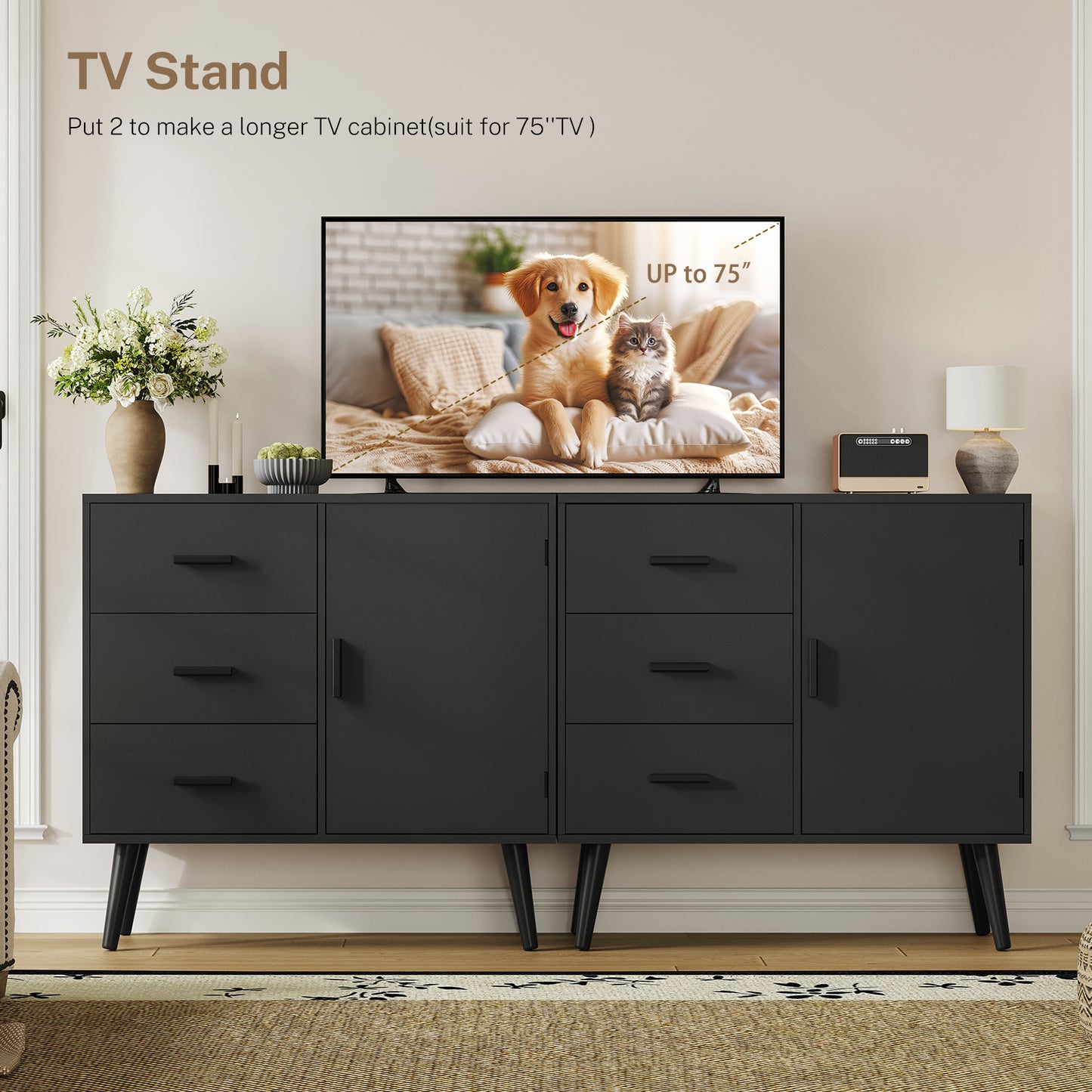 USIKEY Storage Cabinet with Rattan Door & 3 Drawers, Entryway Cabinet with Adjustable Shelf, Accent Cabinet for Living Room