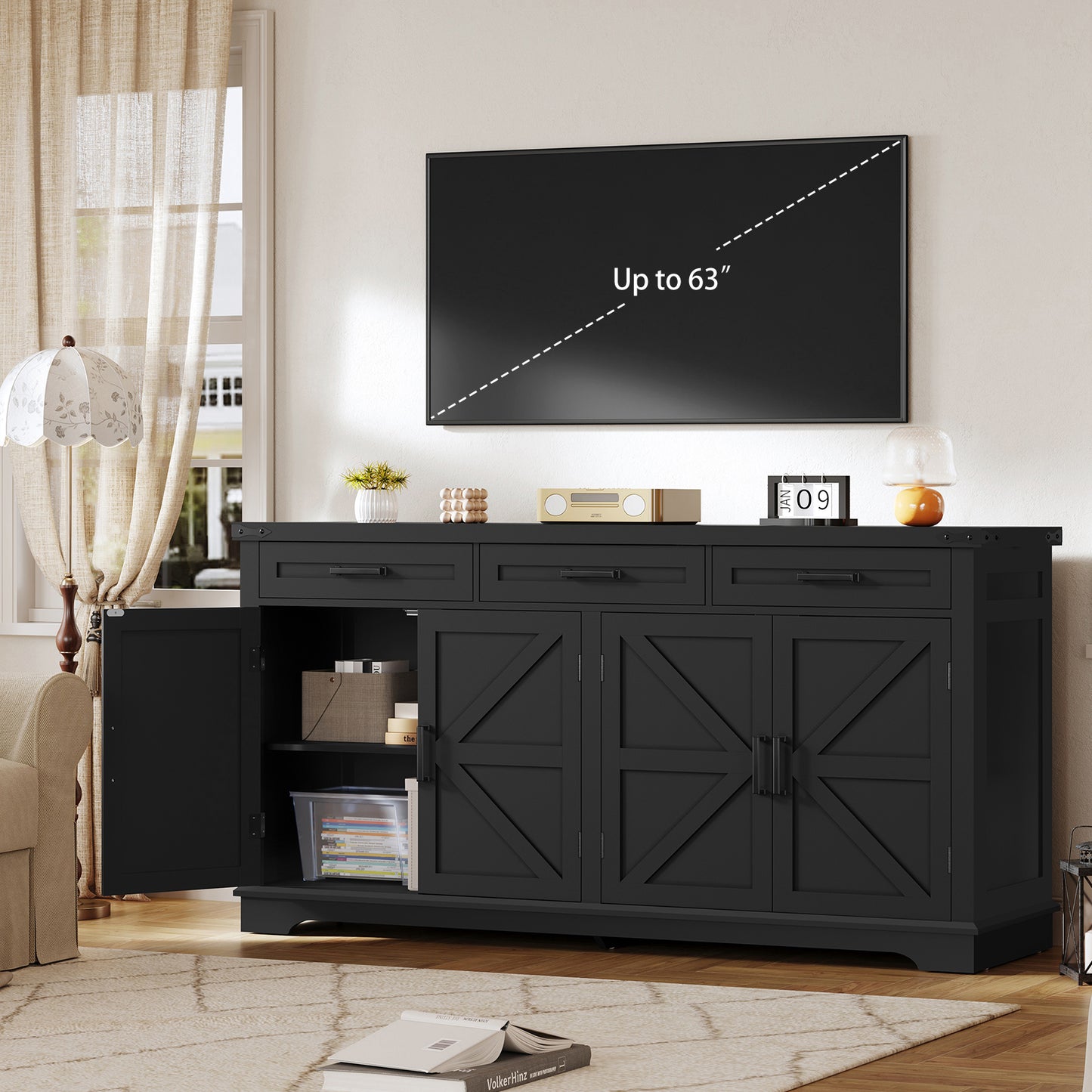 USIKEY Buffet Cabinet, 63” Large Sideboard Buffet Storage Cabinet with 3 Drawers, Farmhouse Coffee Bar with 4 Doors for Kitchen, Living Room