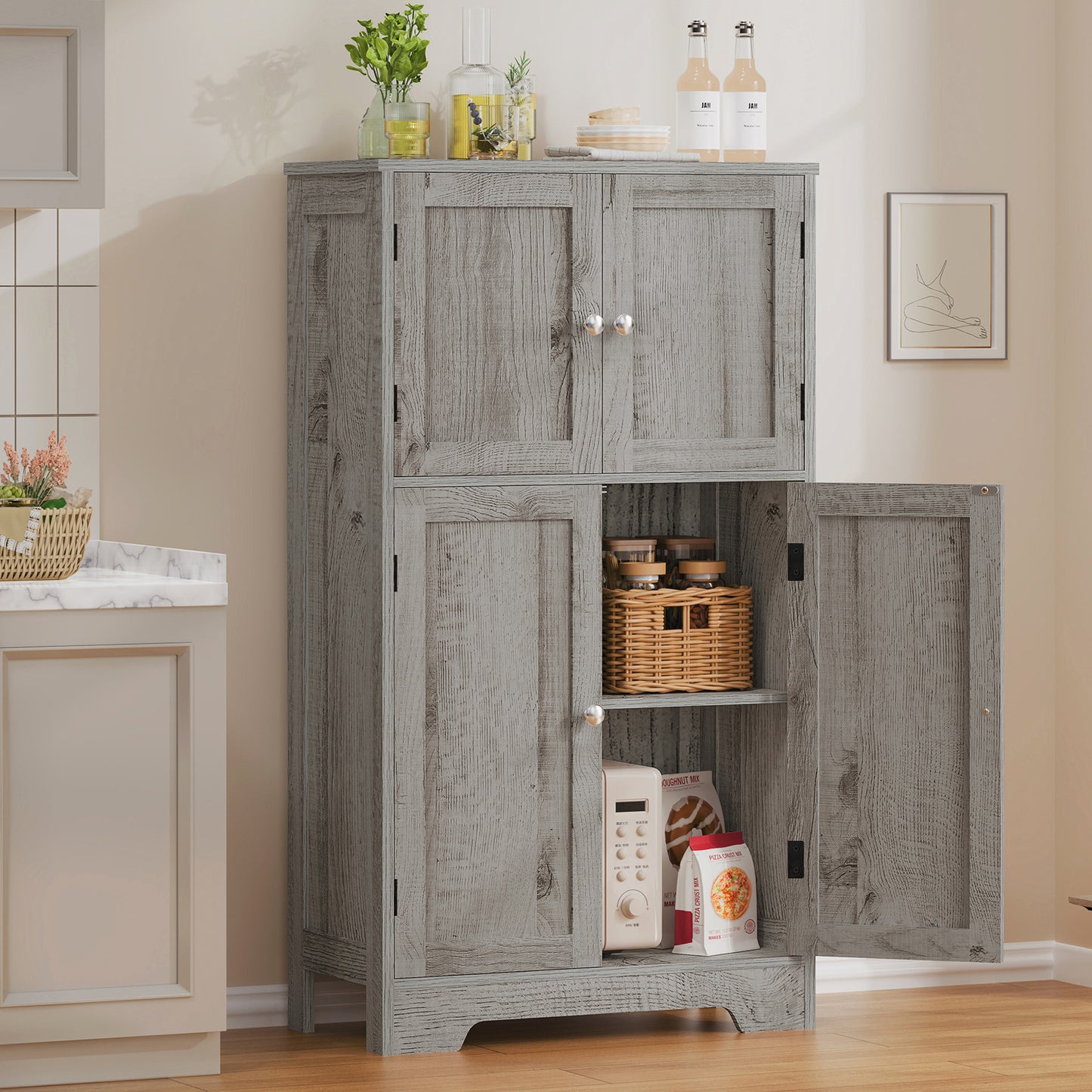 USIKEY Storage Cabinet, Bathroom Cabinet with 4 Doors & Adjustable Shelf, Bathroom Floor Cabinet for Living Room, Entryway, Home Office