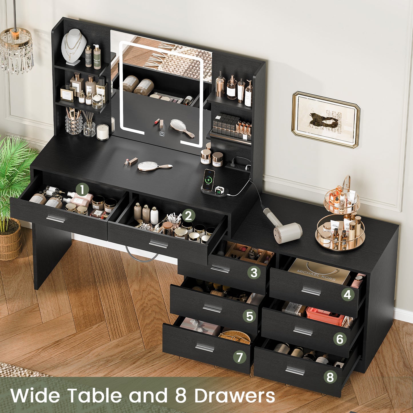 USIKEY Vanity Makeup Desk with LED Light Mirror & Power Outlet, 8 Drawers, Storage Shelves, & Adjustable Brightness Dressing Table, Corner Vanity Desk