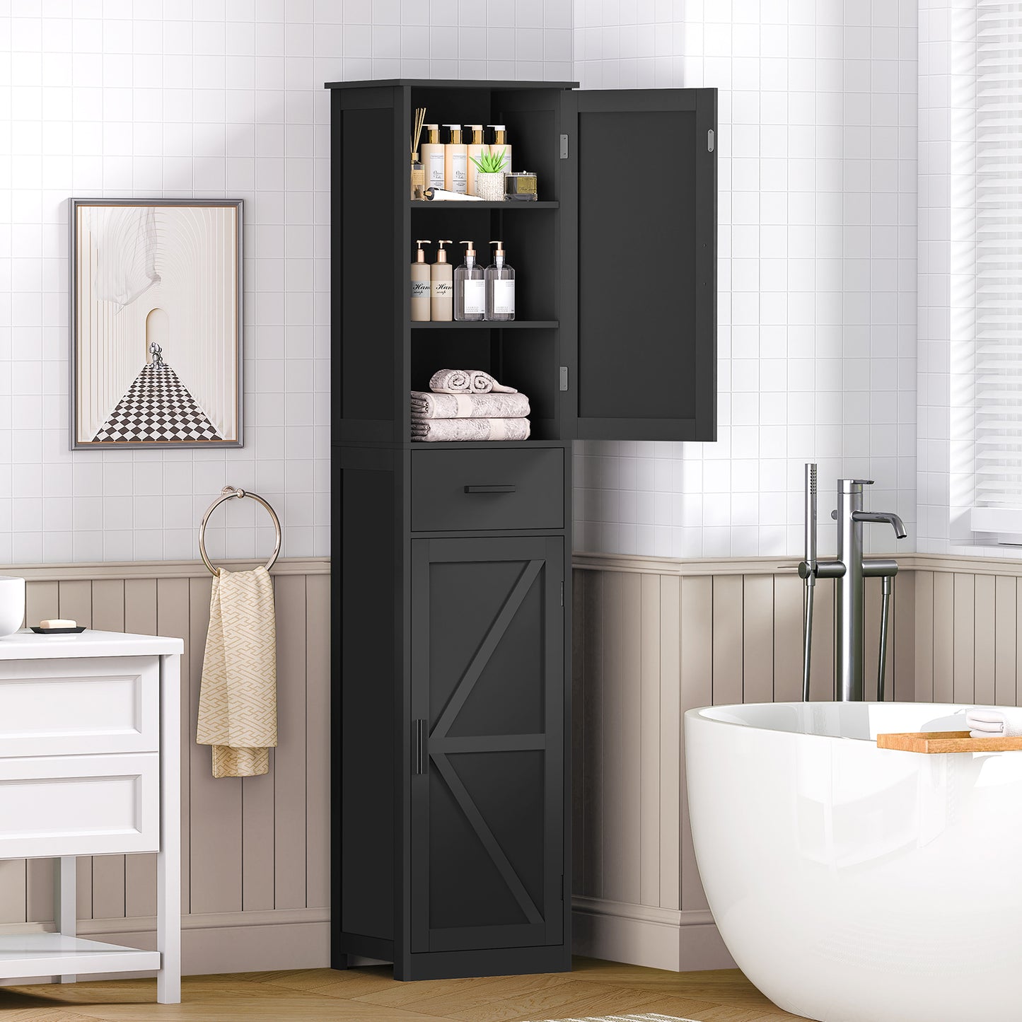 USIKEY 67.1" H Storage Cabinet, Tall Cabinet with 6 Shelves & Drawer, Slim Storage Cabinet with Adjustable Shelves for Living Room, Kitchen