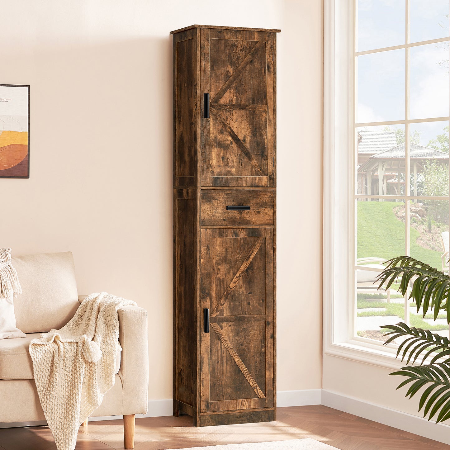 USIKEY 67.1" H Storage Cabinet, Tall Cabinet with 6 Shelves & Drawer, Slim Storage Cabinet with Adjustable Shelves for Living Room, Kitchen