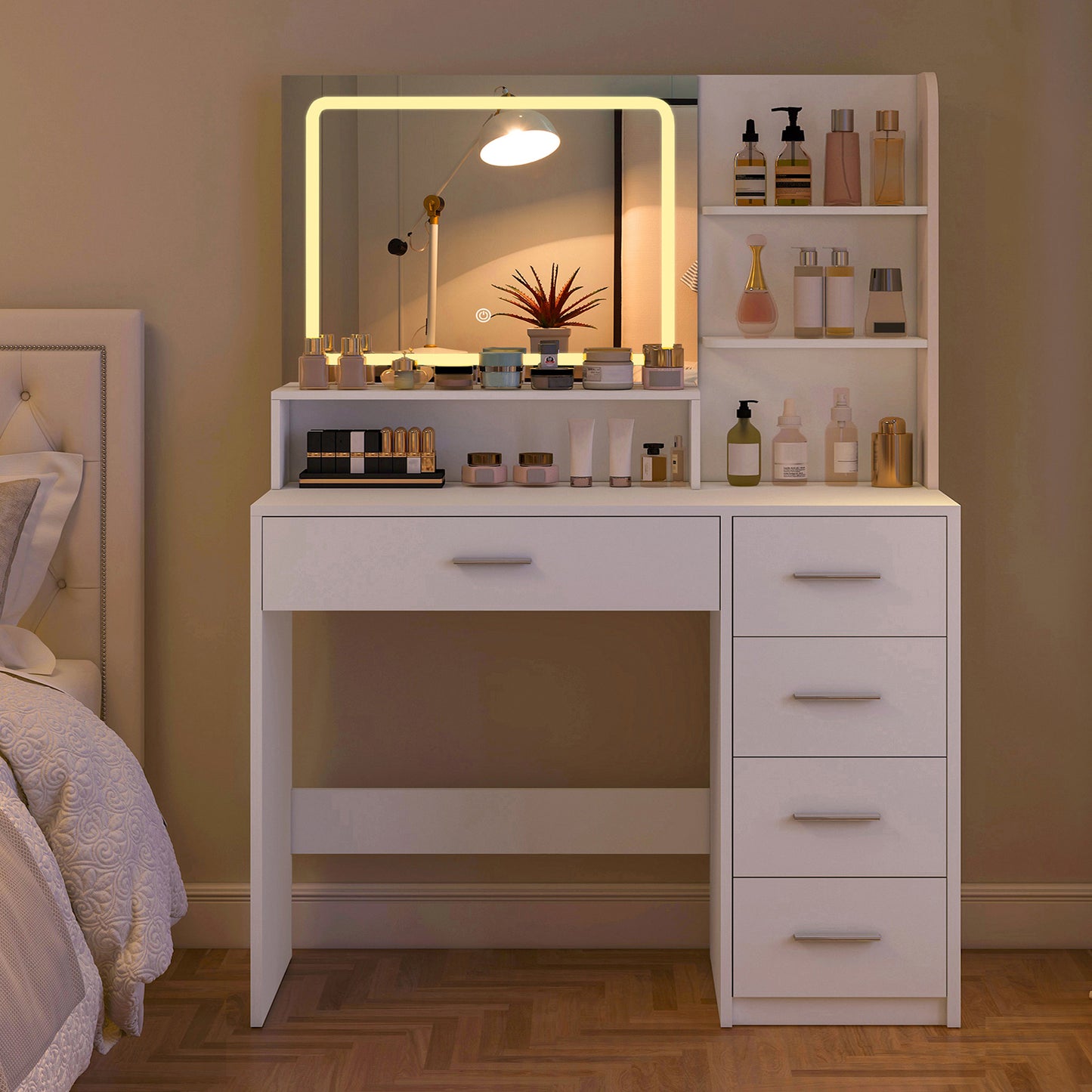 USIKEY Makeup Vanity Desk with LIighted Mirror, Vanity Desk with 5 Drawers, 3 Color Modes & Adjustable Brightness Dressing Table, Bedroom 