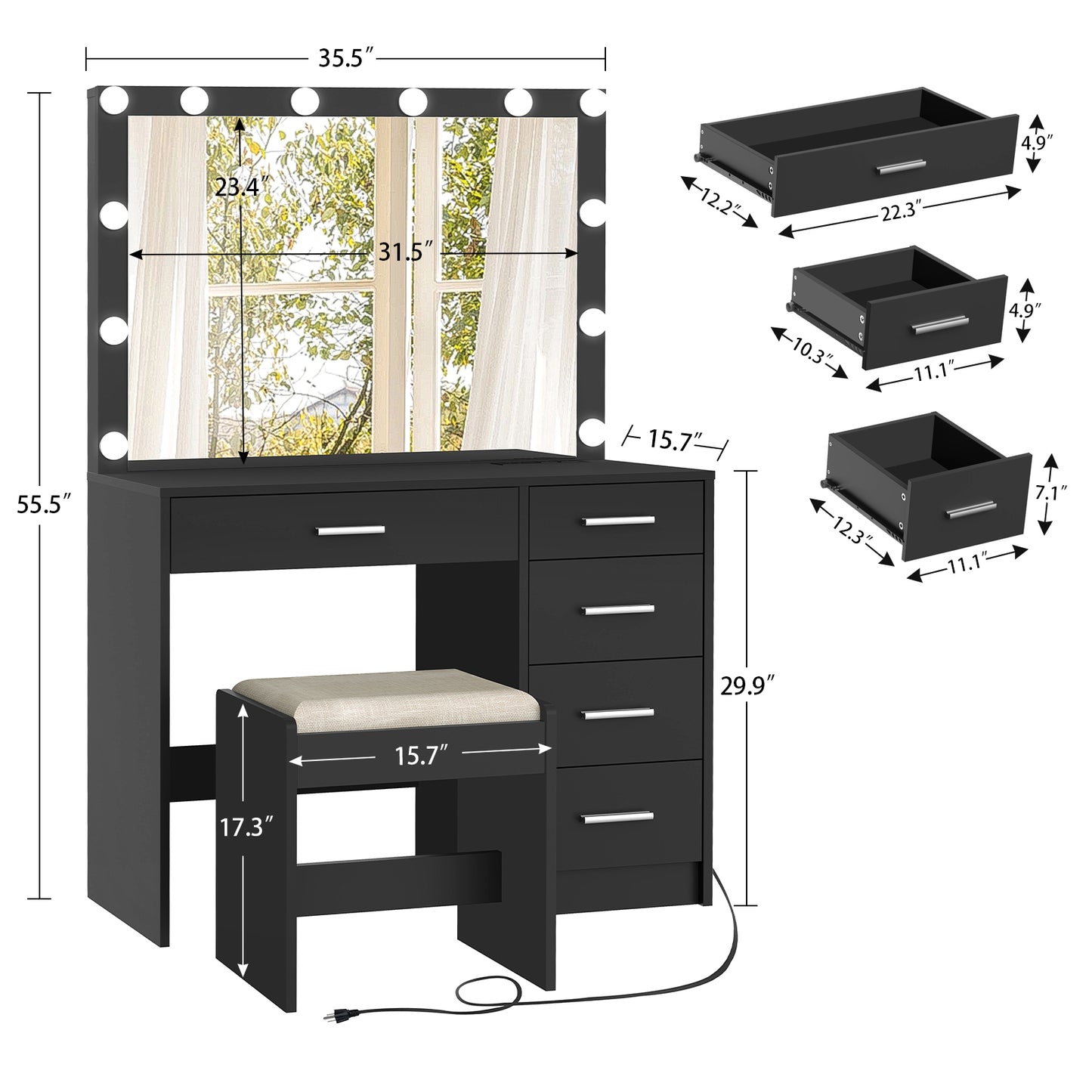 usikey Makeup Vanity with 12 Lights, Vanity Desk with Power Outlet, Makeup Vanity Table with 5 Drawers, Large Mirror, Dressing Vanity Table with Stool for Bedroom, Bathroom, White