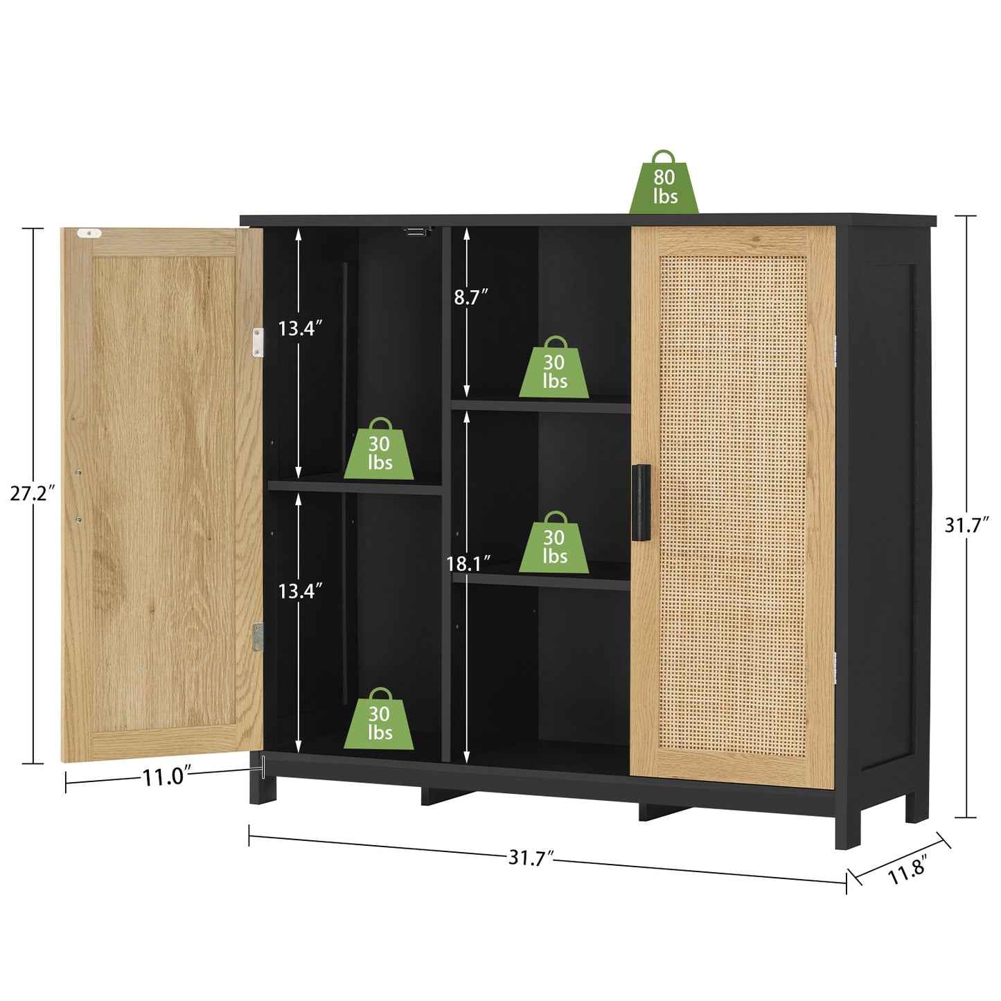 USIKEY Storage Cabinet with 2 Doors and 4 Adjustable Shelves, Buffet Cabinet with Storage, Floor Cabinet for Living Room, Entryway, Kitchen