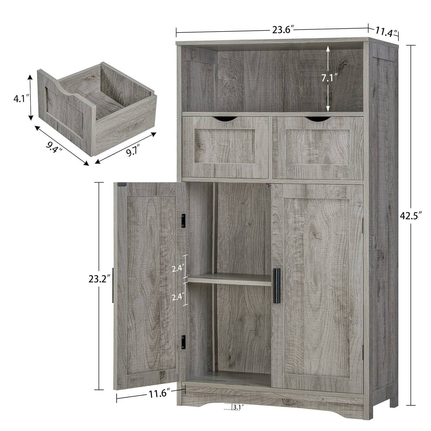 USIKEY Large Storage Cabinet, Rattan Cabinet with 2 Drawers & 2 Shelves, Cupboard, Floor Cabinet for Living Room, Home Office