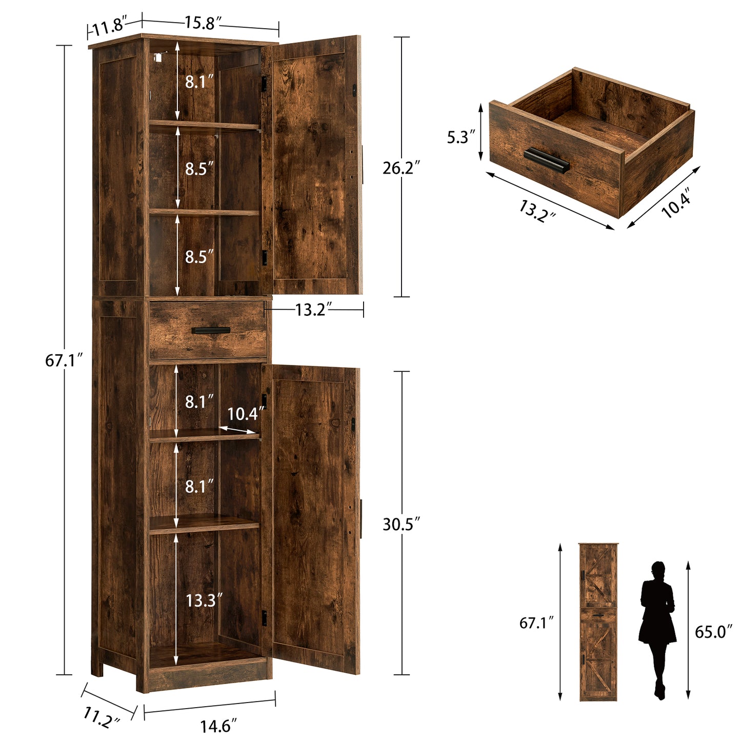 USIKEY 67.1" H Storage Cabinet, Tall Cabinet with 6 Shelves & Drawer, Slim Storage Cabinet with Adjustable Shelves for Living Room, Kitchen