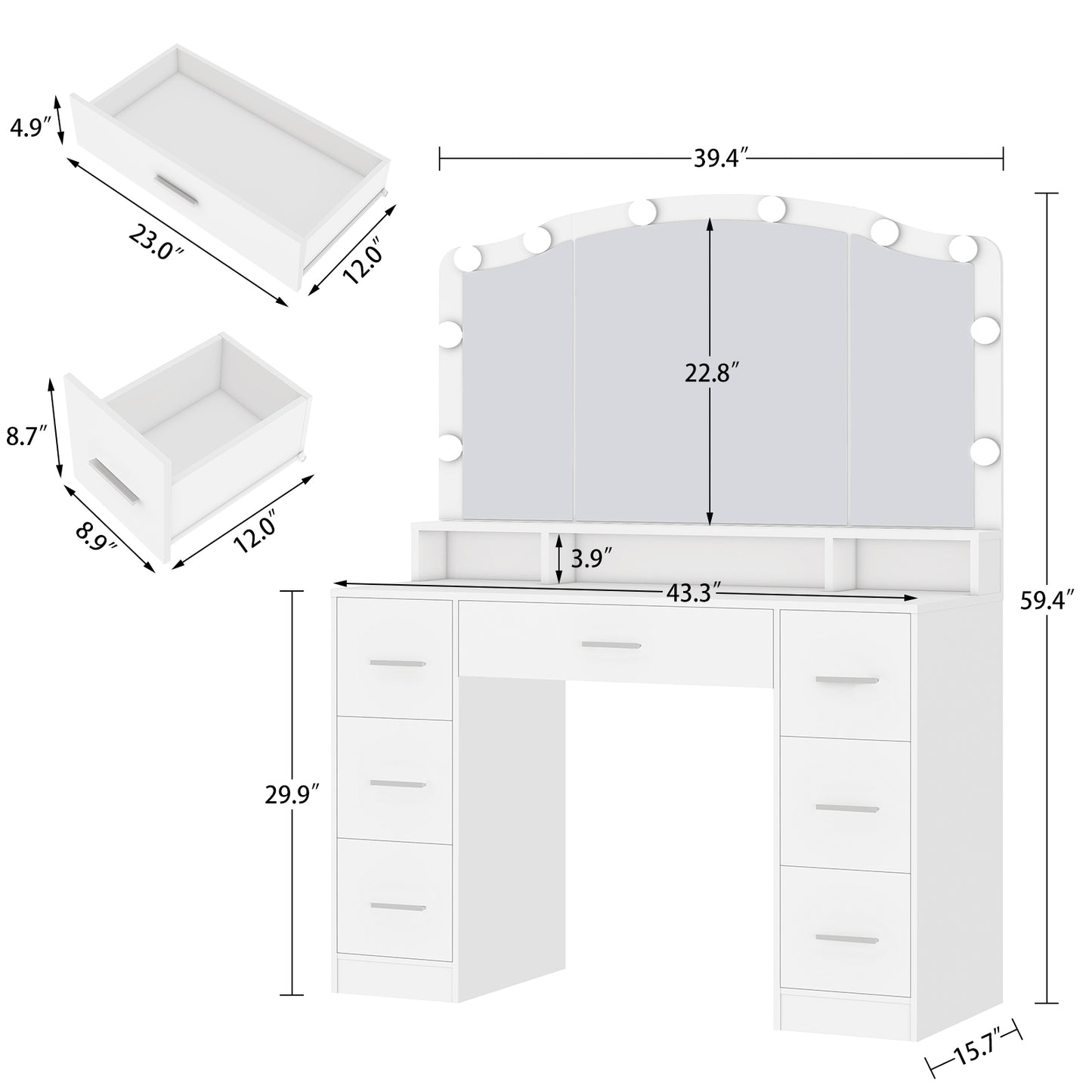 usikey 43.3" Vanity Desk with Large Lighted Mirror, Makeup Vanity Table with 7 Drawers & 10 Lights Bulbs, 3 Lighting Colors, Make Vanity Desk, Vanity Table for Women Girls