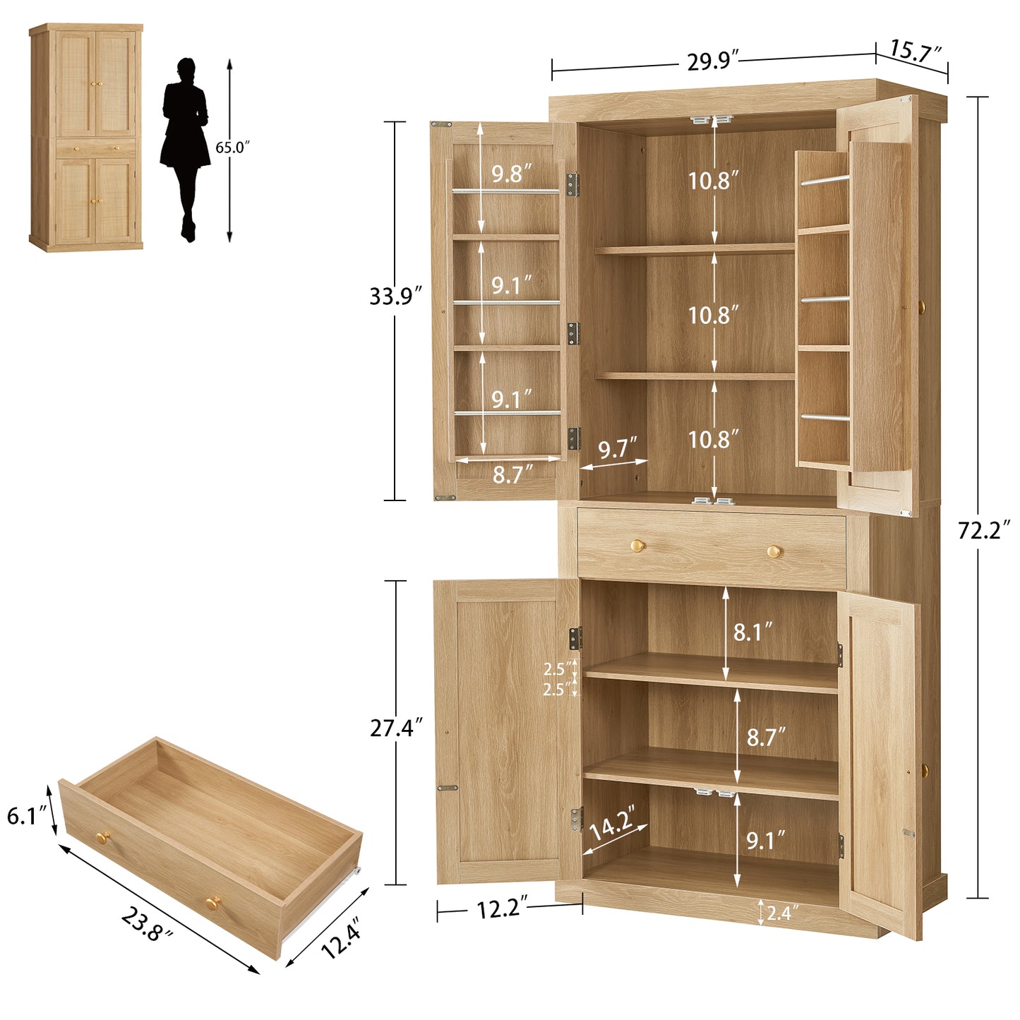 usikey 72?¡À Kitchen Pantry Cabinet, Tall Storage Cabinet with 4 Doors and 1 Drawer, Freestanding Cupboard with 6 Hanging Shelves and Adjustable Shelves for Kitchen, Dining Room,Living Room