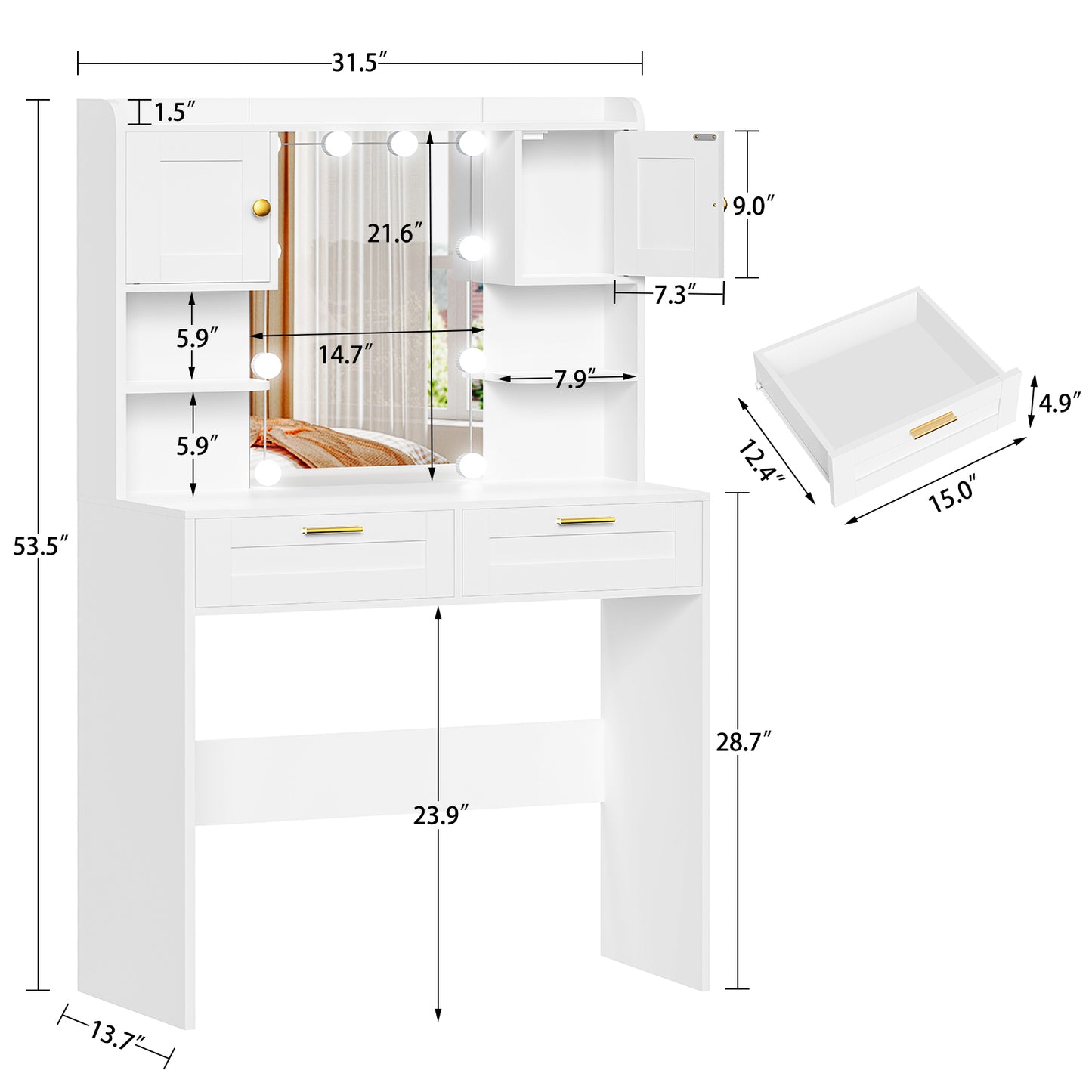 usikey Vanity Desk with Mirror and Lights, Makeup Vanity Table with 2 Drawers, 2 Cabinets & 2 Shelves, Vanity Desk, Vanity Table for Girls Women, Bedroom