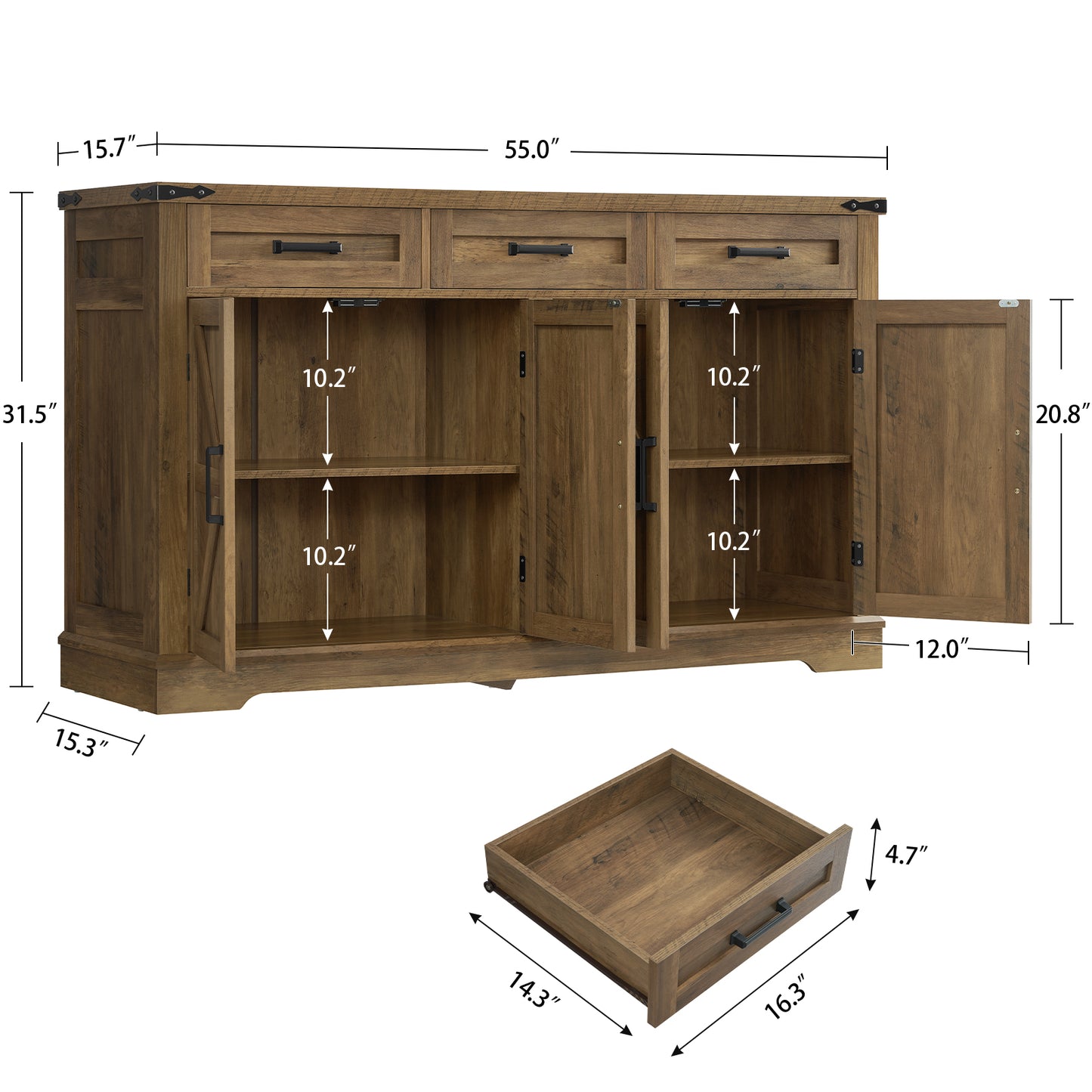 USIKEY 55" Buffet Cabinet With Storage, Large Sideboard Buffet Storage Cabinet With 3 Drawers, Farmhouse Coffee Bar Cabinet, For Kitchen, Living Room