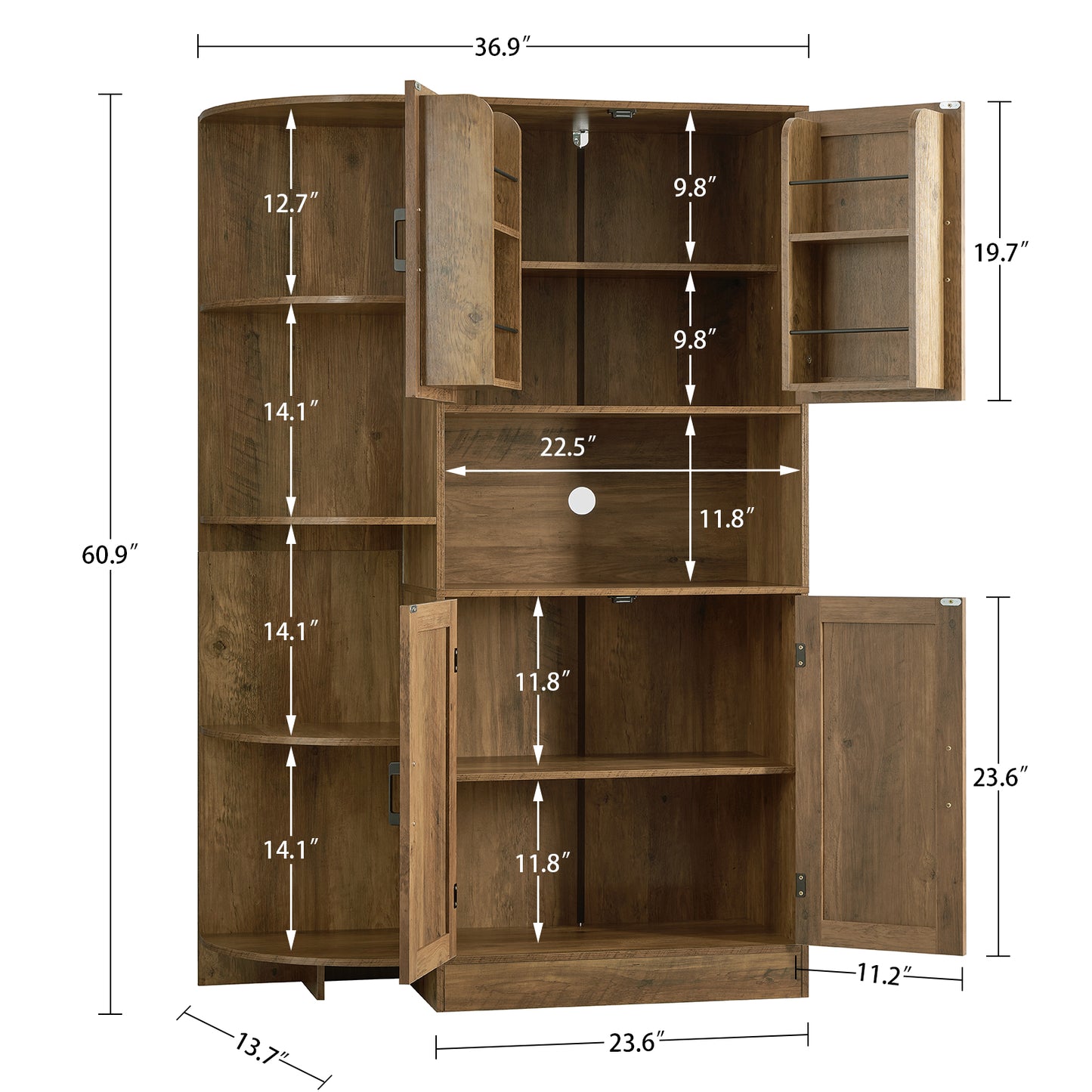 USIKEY 61" Farmhouse Kitchen Pantry Storage Cabinet, Freestanding Hutch with Shelves & Drawers, Large Kitchen Cupboard for Dining Room, Oak
