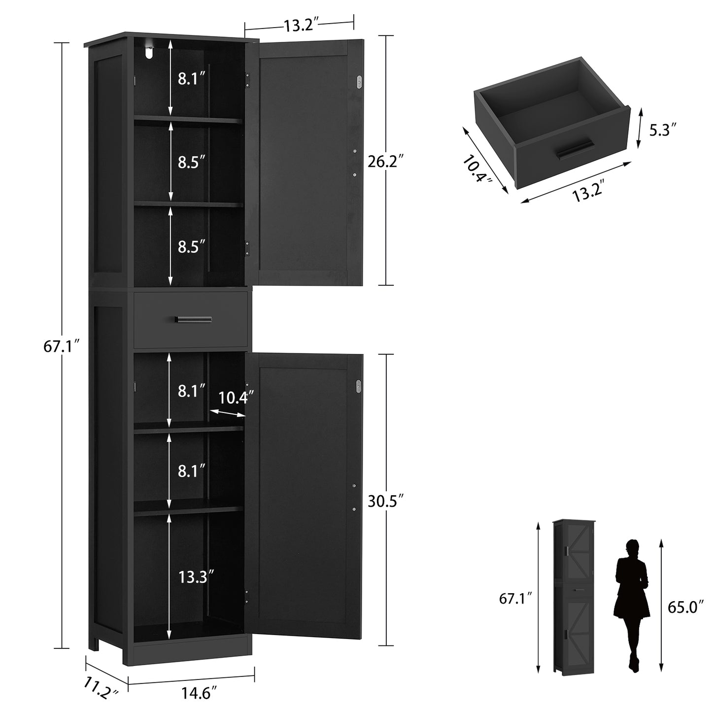 USIKEY 67.1" H Storage Cabinet, Tall Cabinet with 6 Shelves & Drawer, Slim Storage Cabinet with Adjustable Shelves for Living Room, Kitchen