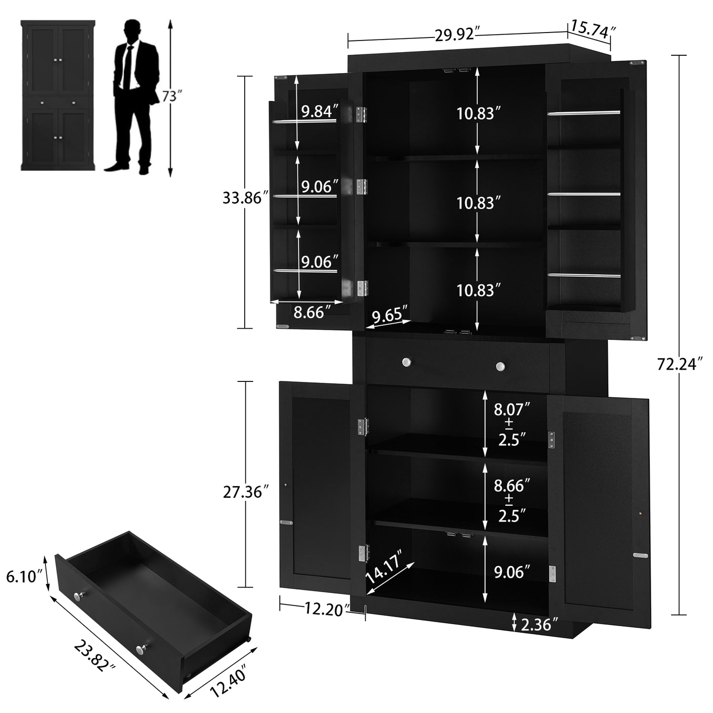 usikey 72?¡À Kitchen Pantry Cabinet, Tall Storage Cabinet with 4 Doors and 1 Drawer, Freestanding Cupboard with 6 Hanging Shelves and Adjustable Shelves for Kitchen, Dining Room,Living Room