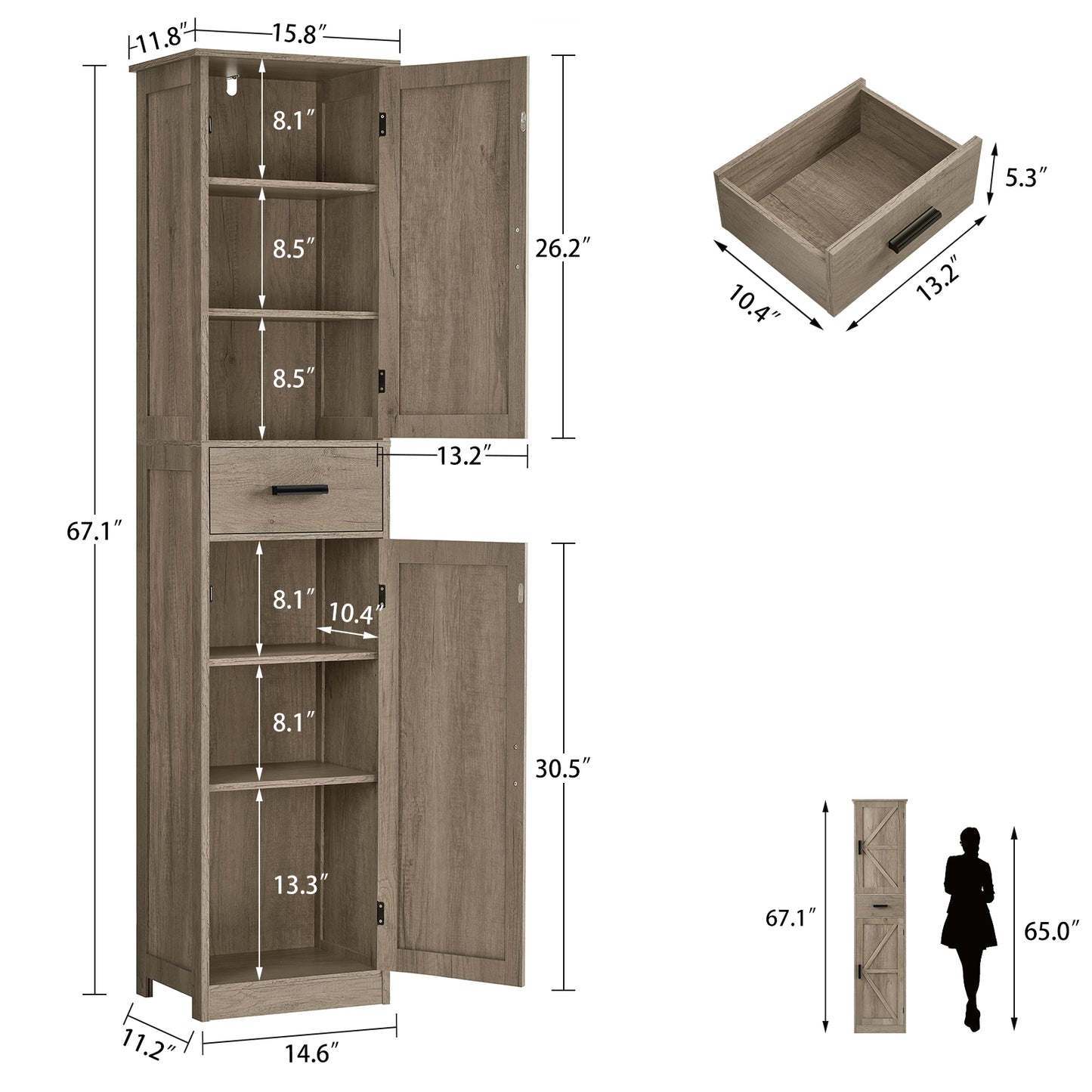 USIKEY 67.1" H Storage Cabinet, Tall Cabinet with 6 Shelves & Drawer, Slim Storage Cabinet with Adjustable Shelves for Living Room, Kitchen