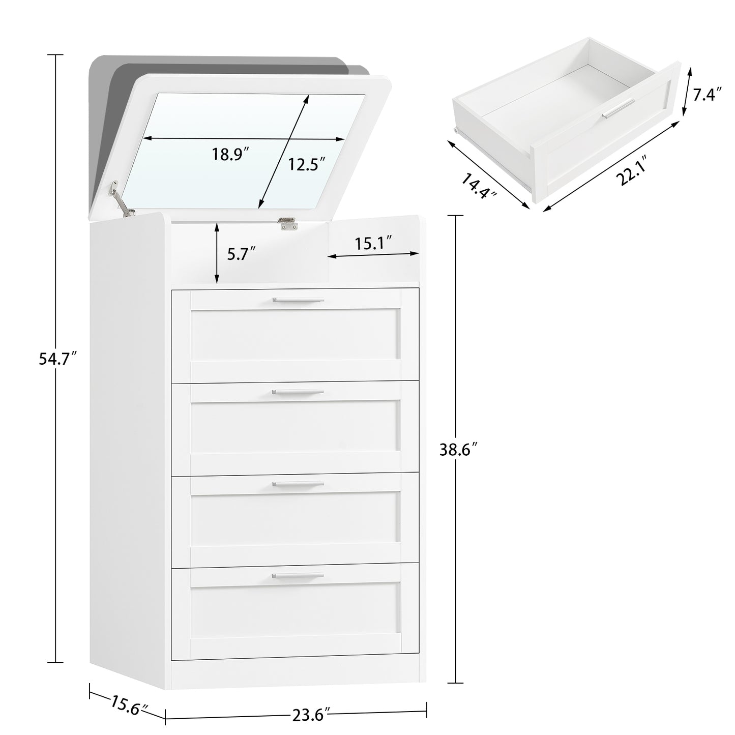 USIKEY Tall White Dresser for Bedroom, 4 Drawer Dresser with Mirror, Modern Chest of Drawers, Wood Closet Clothes Storage Organizer for Bedroom, White